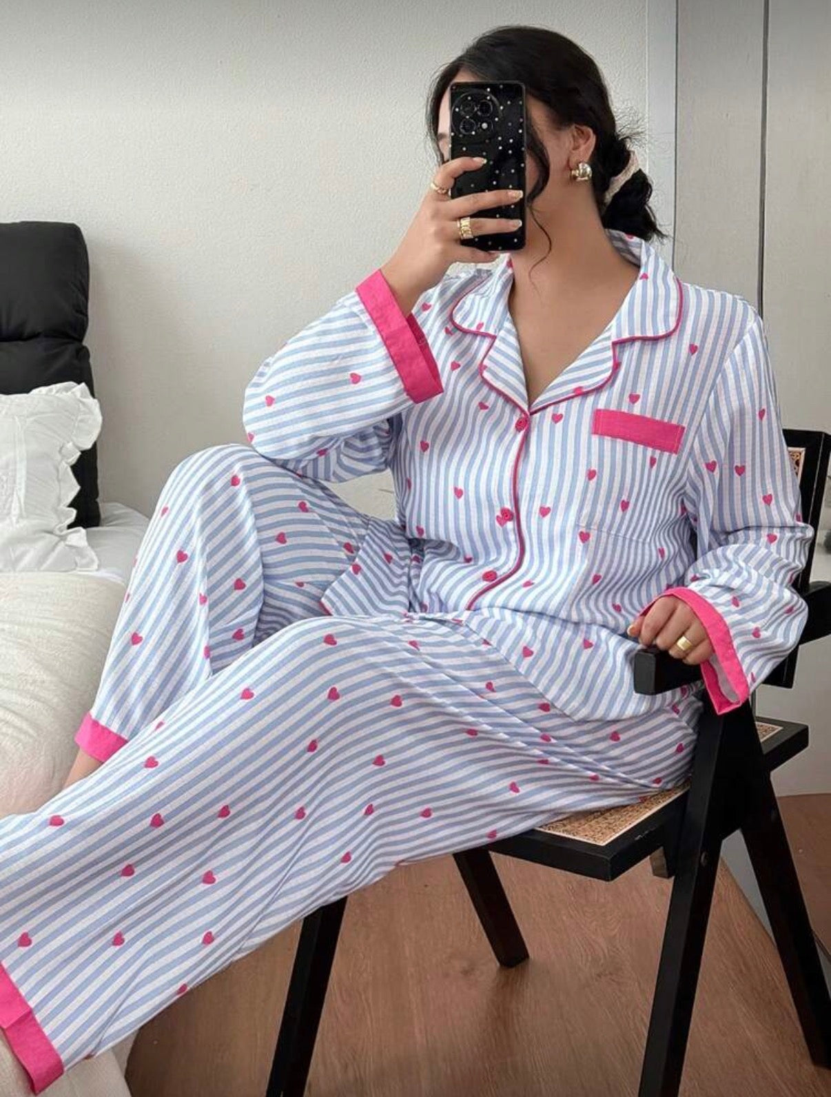 CURVE-Blue-Pink-Heart-Stripe- Winter-Pajamas-set-front