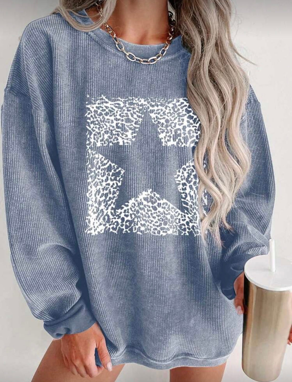 CURVE-Blue-White-Leopard-Star-Corduroy-Sweatshirt-front