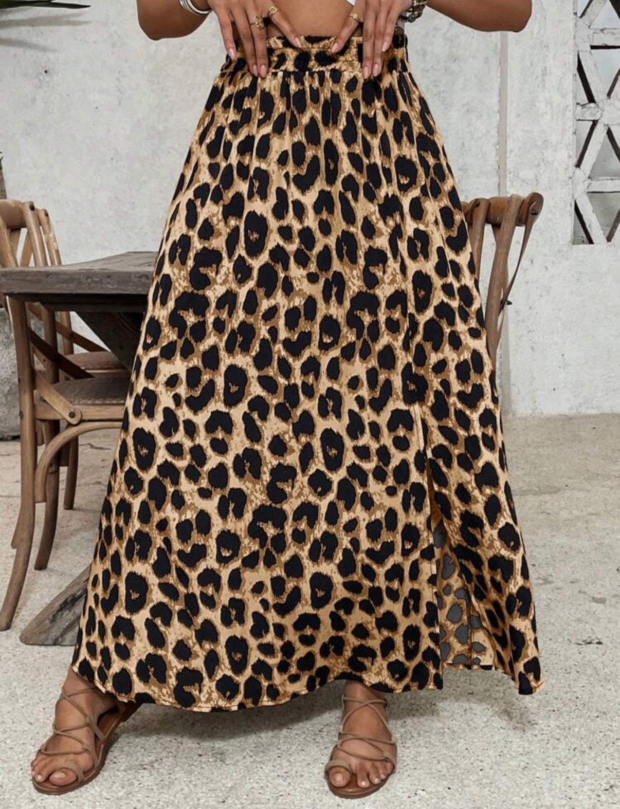 CURVE-Brown-Black-Leopard-Print-Maxi-Slit-Skirt-front-lifestyle