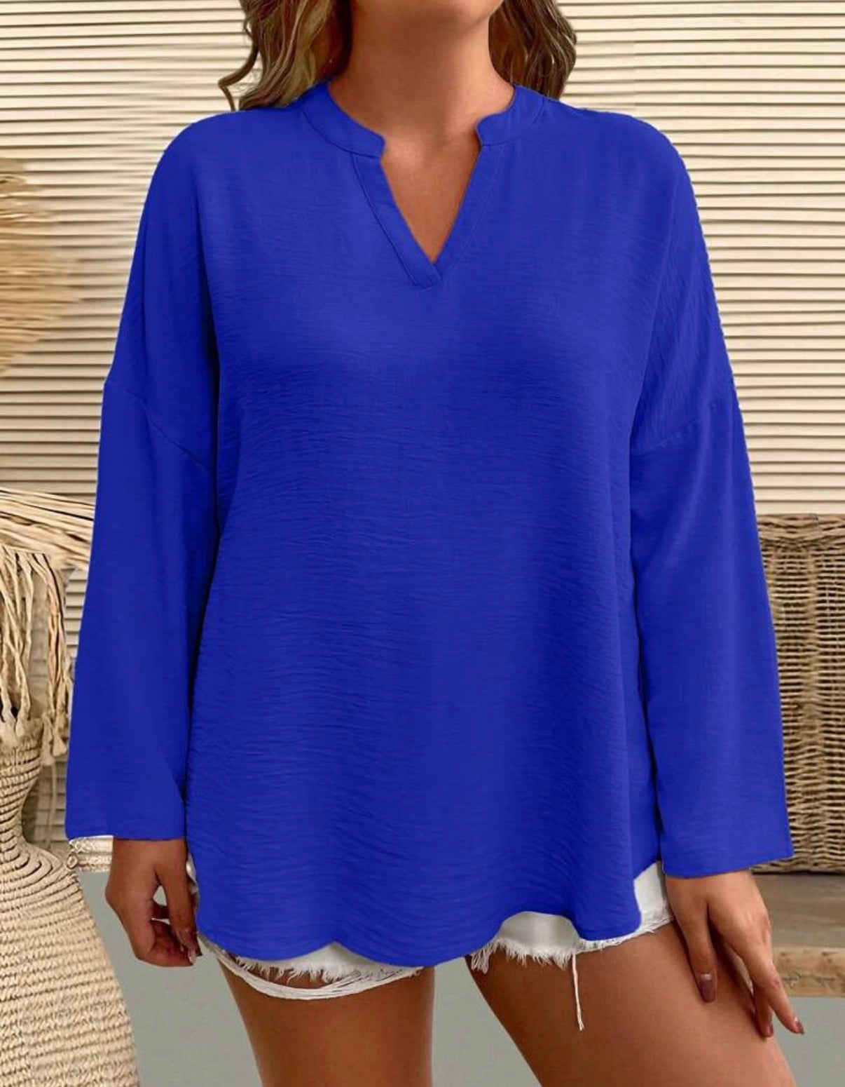 CURVE-Cobalt-Blue-Mandarin-Collar-Relaxed-Fit-Blouse-sizing-front-lifestyle