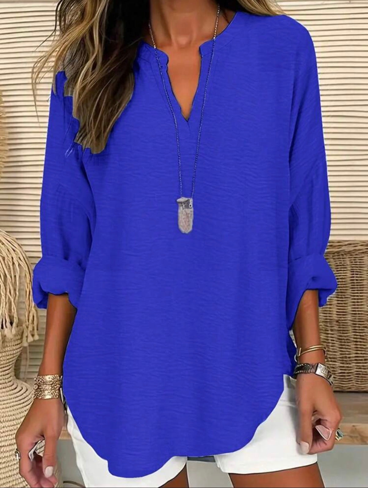 CURVE-Cobalt-Blue-Mandarin-Collar-Relaxed-Fit-Blouse-sizing-front