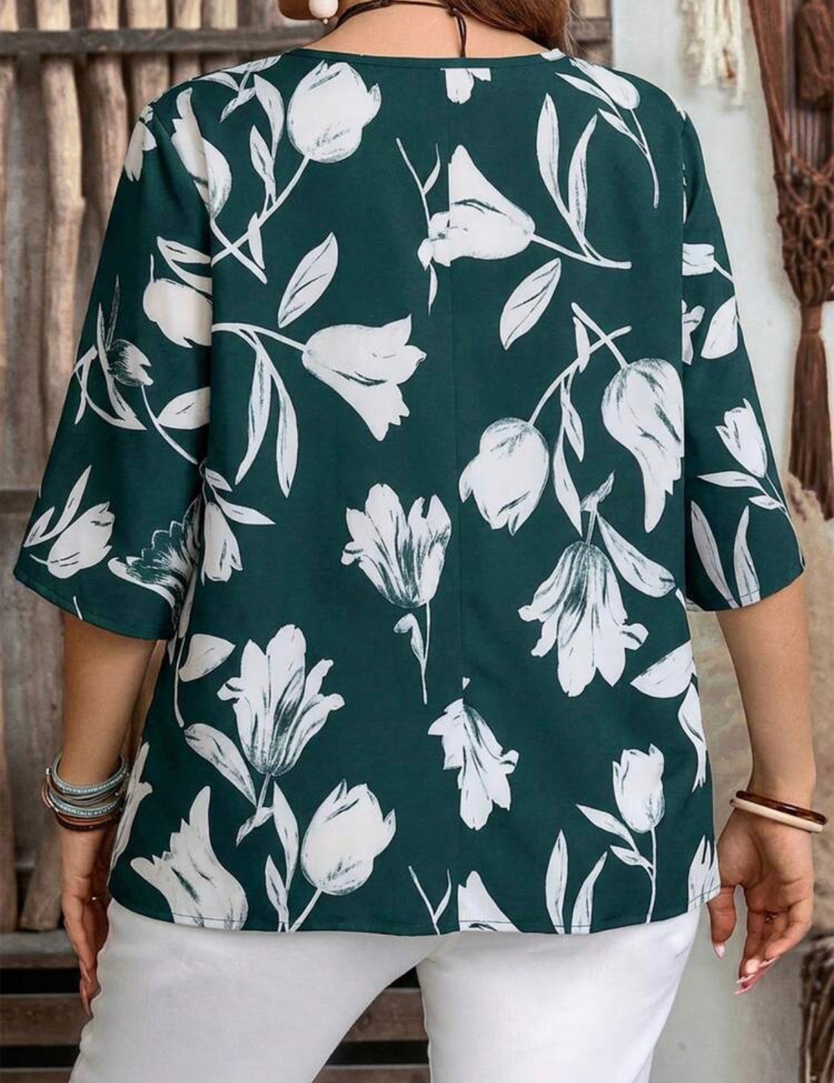 CURVE-Dark-Green-White-Floral-Mandarin-Collar-3-Buttons-Blouse-back