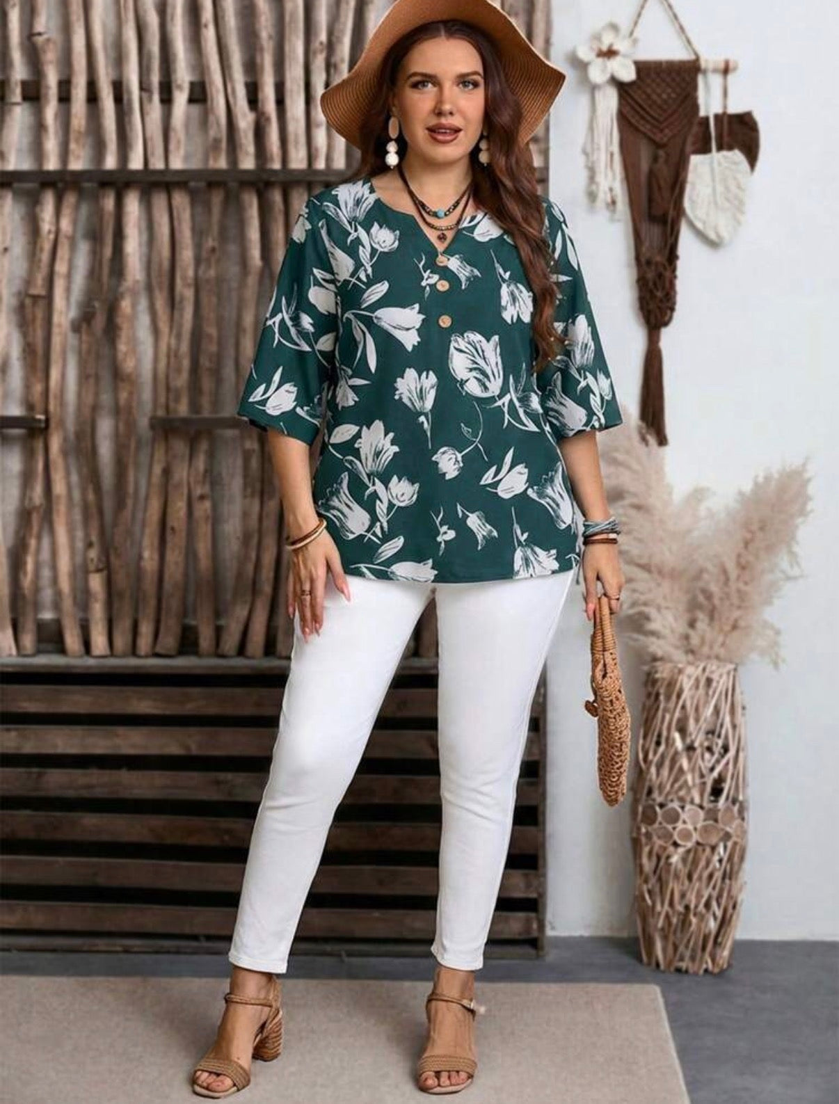 CURVE-Dark-Green-White-Floral-Mandarin-Collar-3-Buttons-Blouse-front-lifestyle