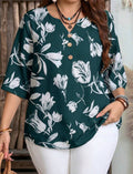 CURVE-Dark-Green-White-Floral-Mandarin-Collar-3-Buttons-Blouse-front