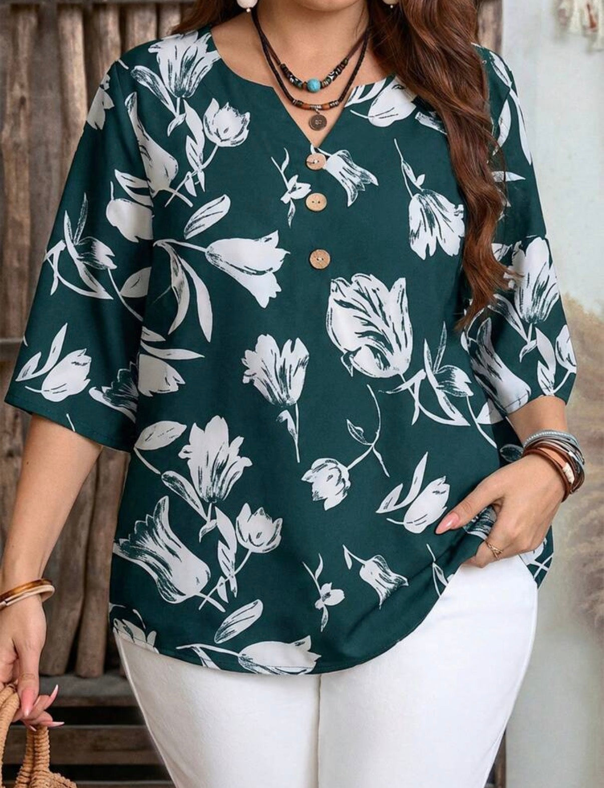 CURVE-Dark-Green-White-Floral-Mandarin-Collar-3-Buttons-Blouse-front
