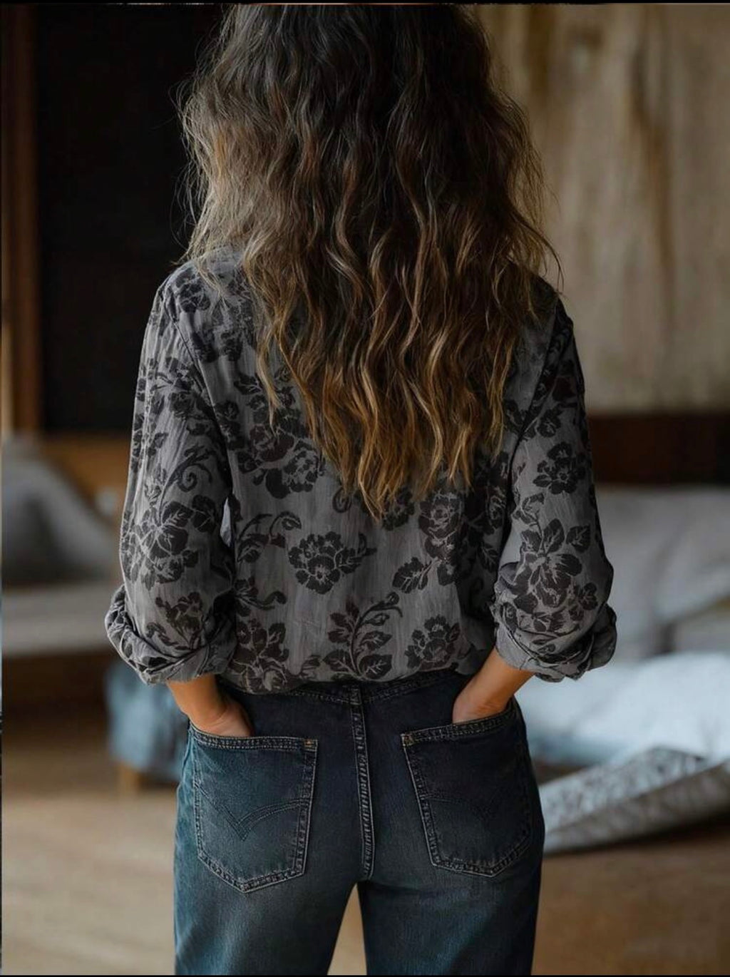 CURVE-Grey-Black-Floral-Button-Blouse-back