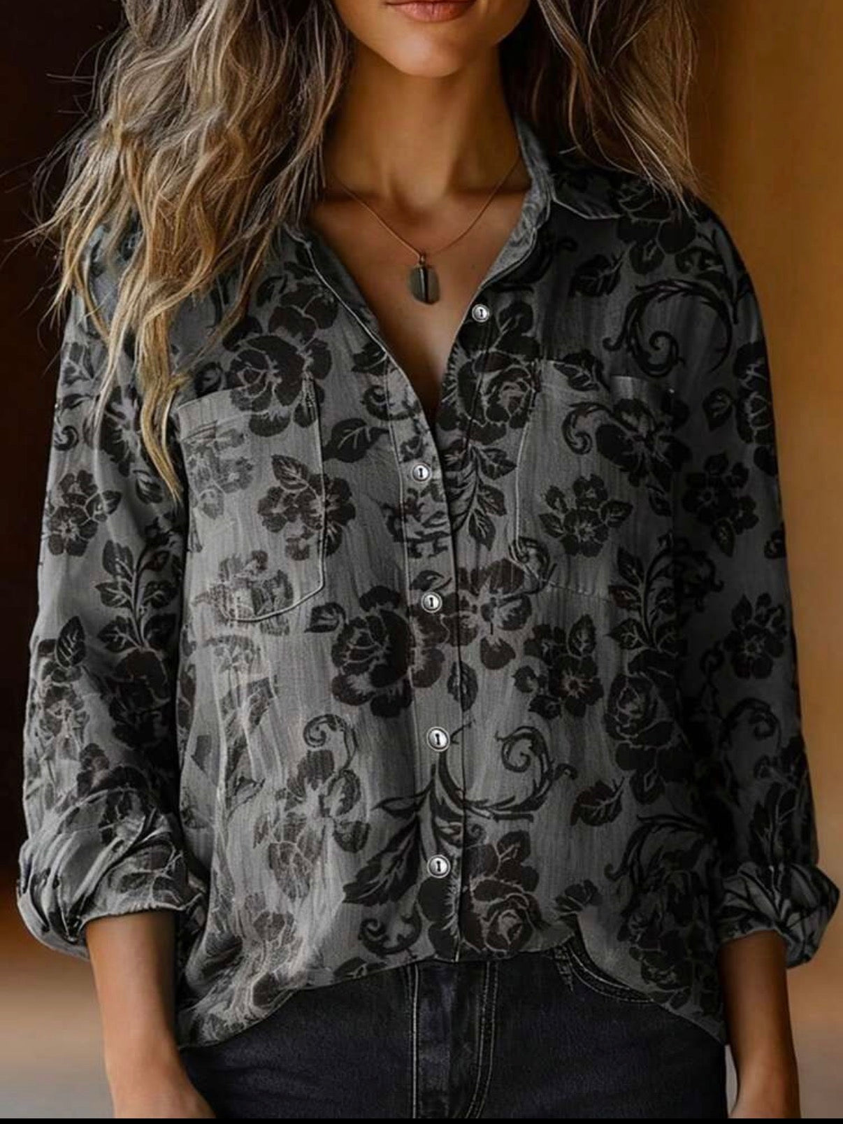 CURVE-Grey-Black-Floral-Button-Blouse-front