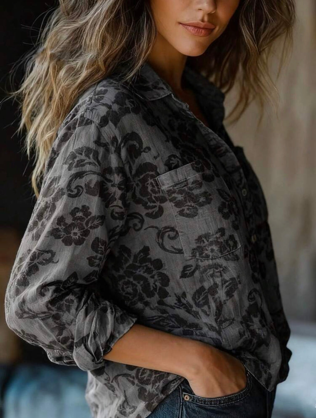 CURVE-Grey-Black-Floral-Button-Blouse-side