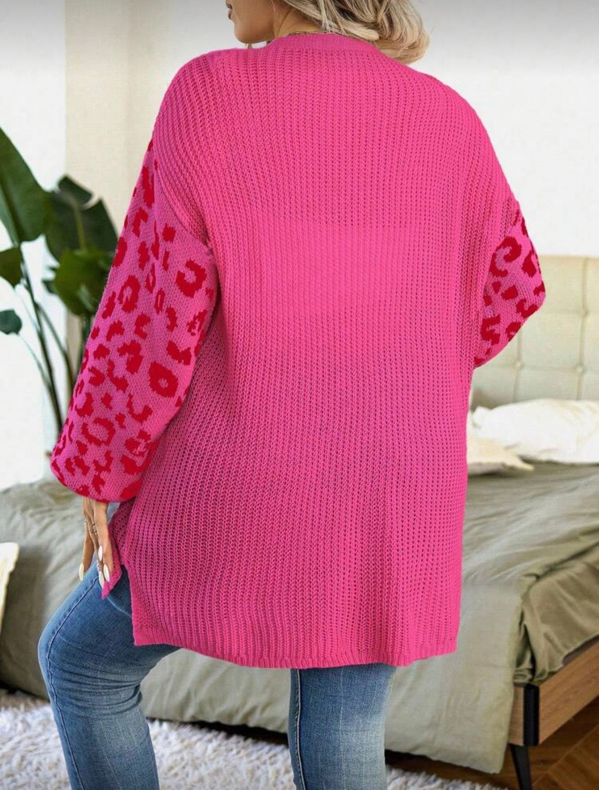 CURVE-Hot-Pink-Leopard-Sleeve-Statement-Cardigan-front-lifestyle