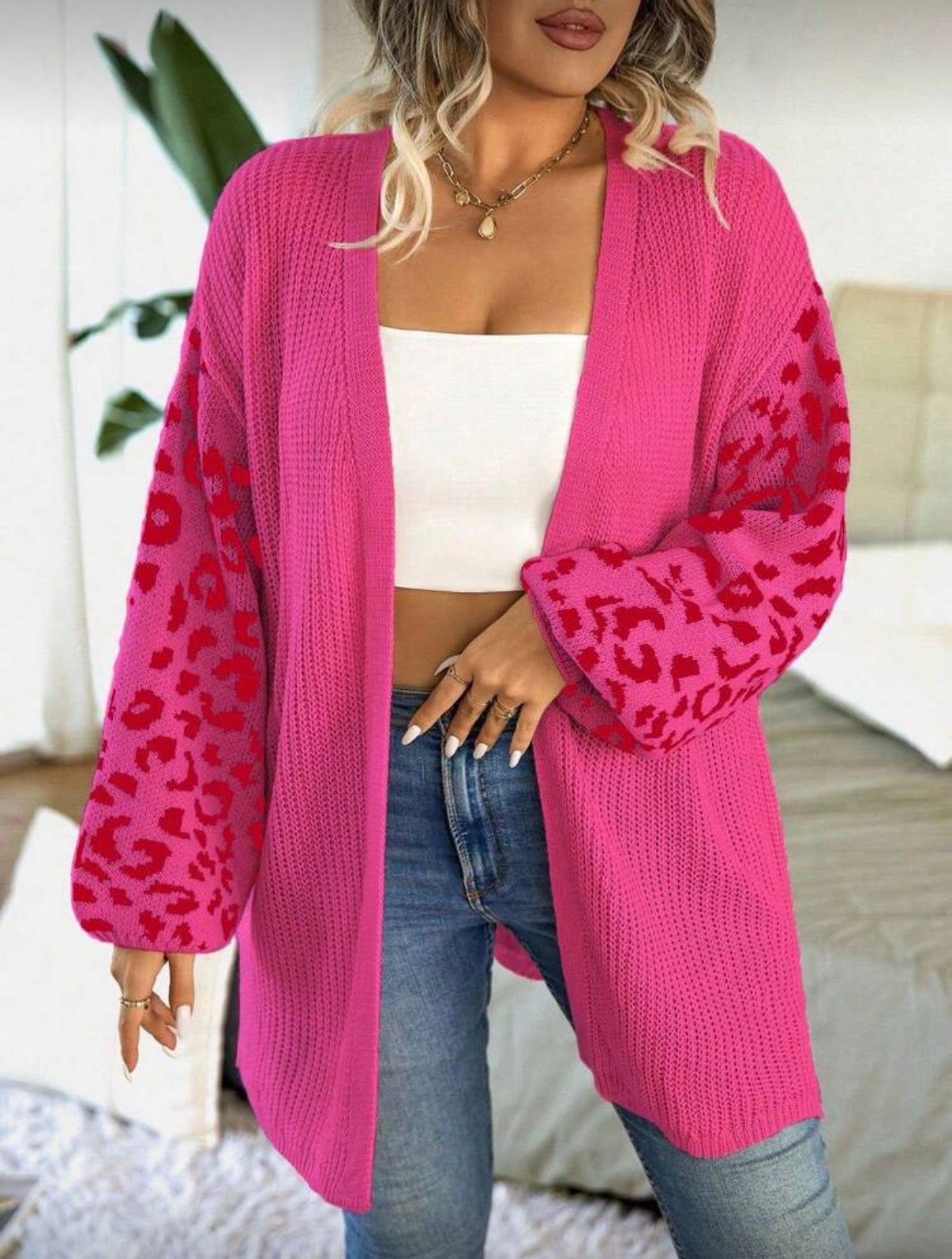 CURVE-Hot-Pink-Leopard-Sleeve-Statement-Cardigan-front