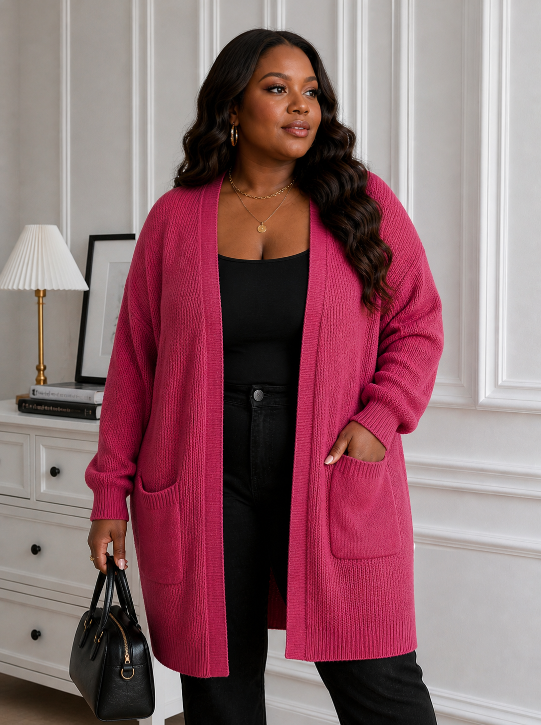 CURVE-Hot-Pink-Longer-Length-Cardigan-front-lifestyle