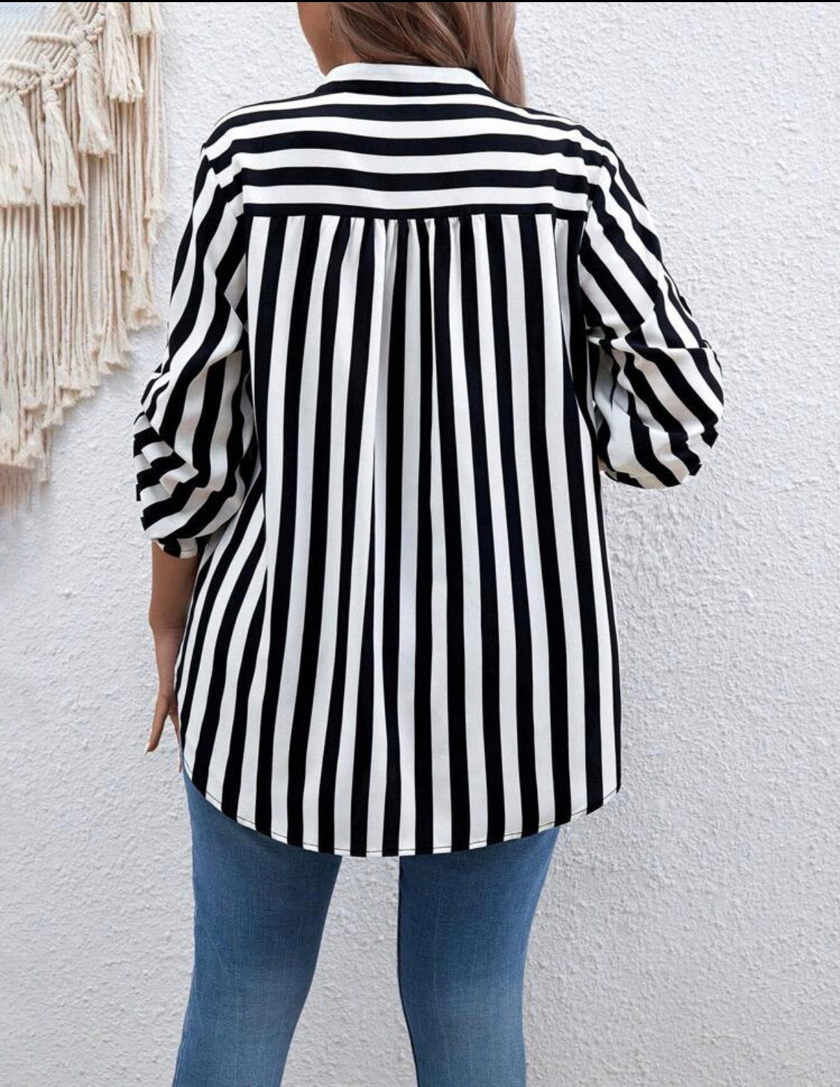 CURVE-Monochrome-Classic-Mandarin-Collar-Black-White-Stripe-Blouse-front