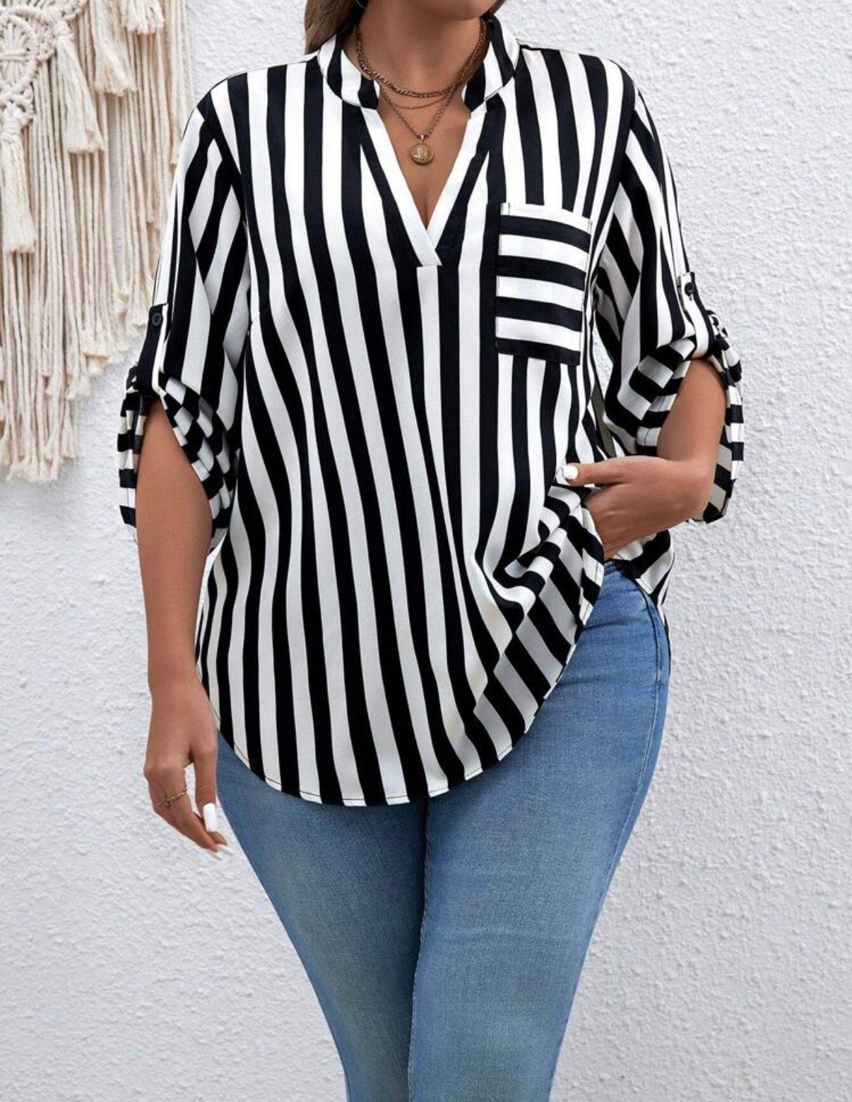 CURVE-Monochrome-Classic-Mandarin-Collar-Black-White-Stripe-Blouse-front-lifestyle