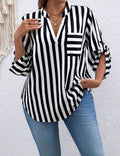 CURVE-Monochrome-Classic-Mandarin-Collar-Black-White-Stripe-Blouse-front