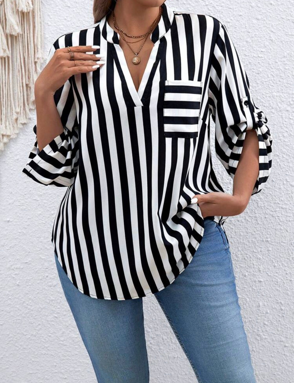 CURVE-Monochrome-Classic-Mandarin-Collar-Black-White-Stripe-Blouse-front