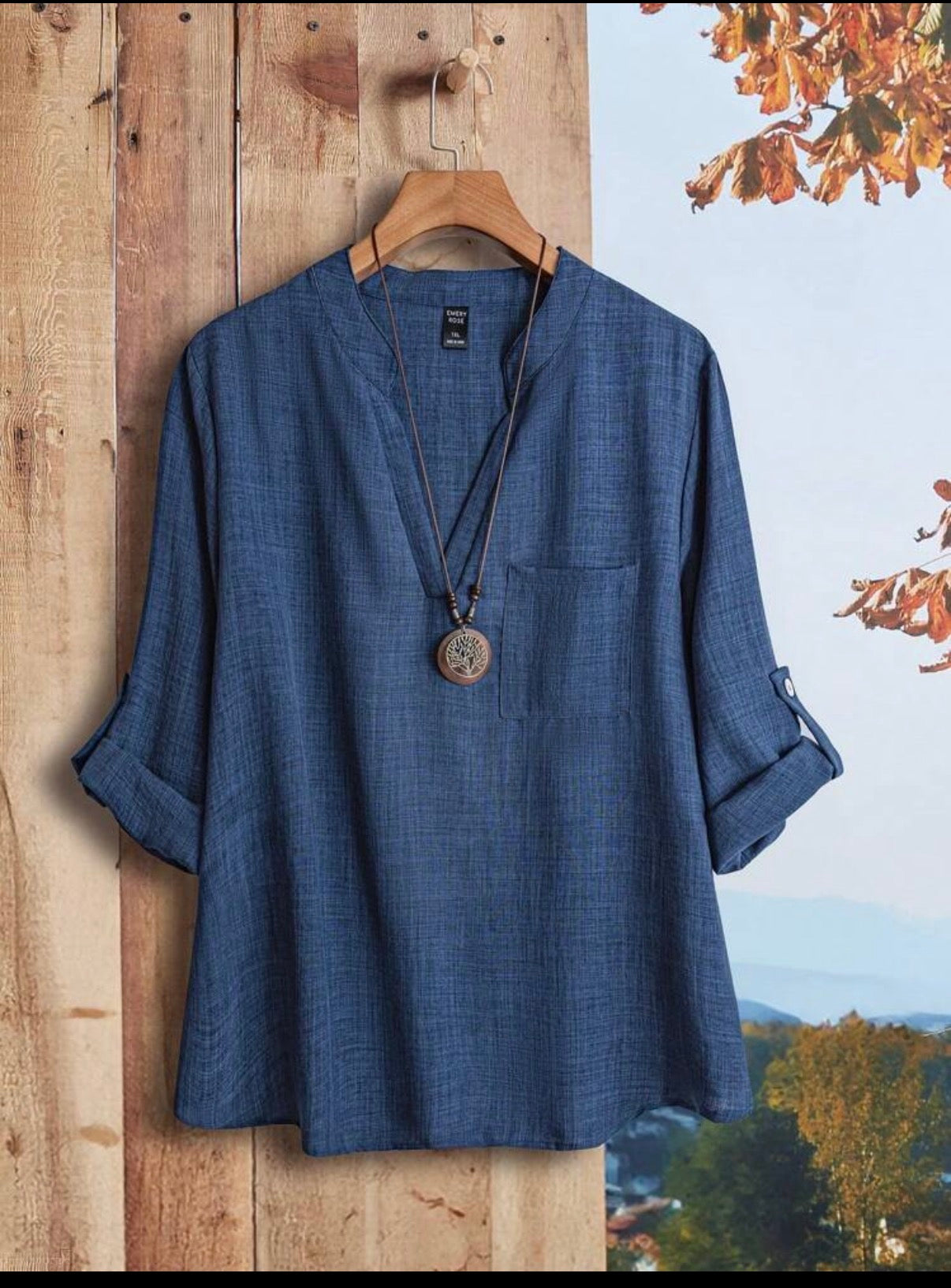 CURVE-Navy-Blue-Mandarin-Collar-Pocket-Detail-Blouse-front-lifestyle