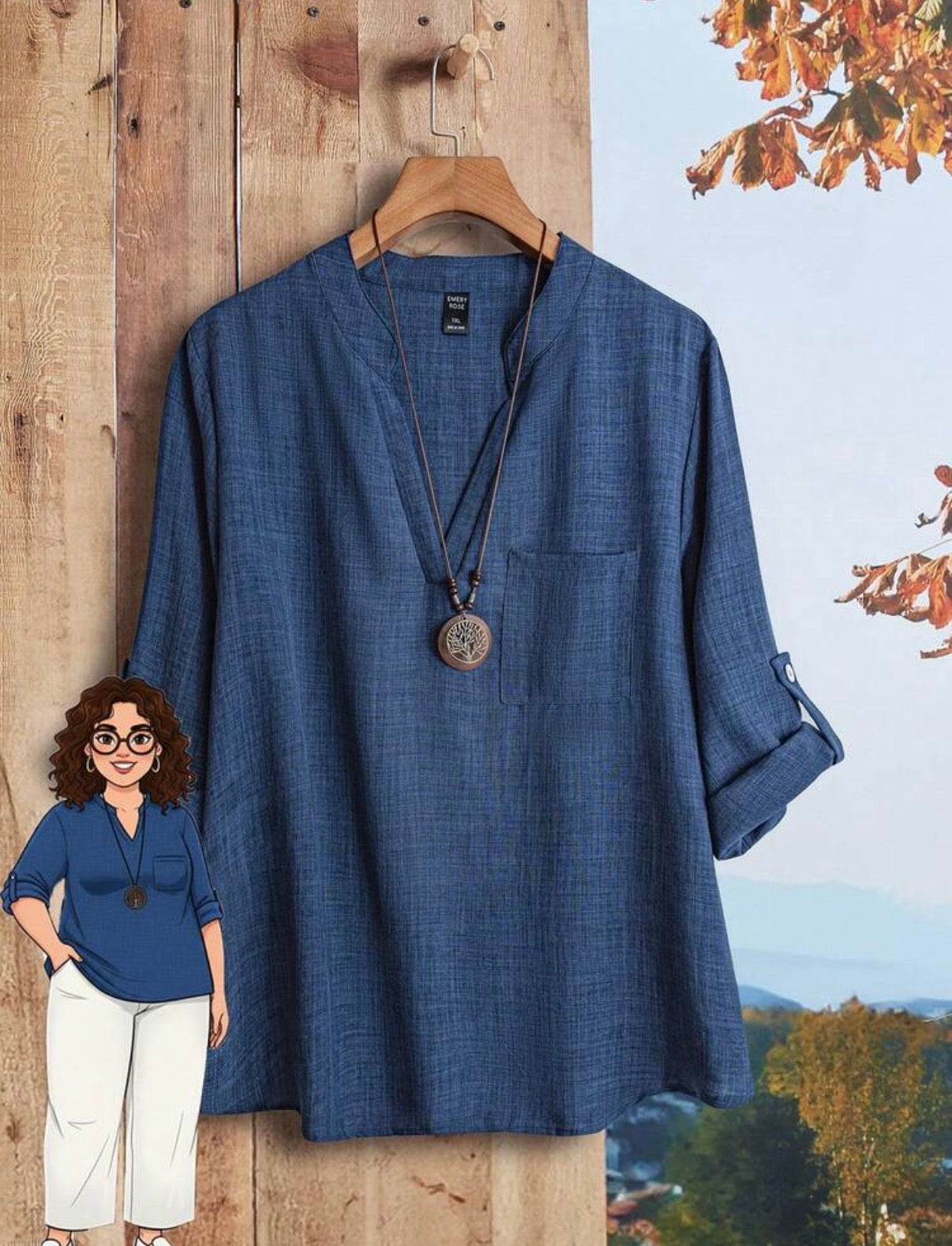 CURVE-Navy-Blue-Mandarin-Collar-Pocket-Detail-Blouse-front