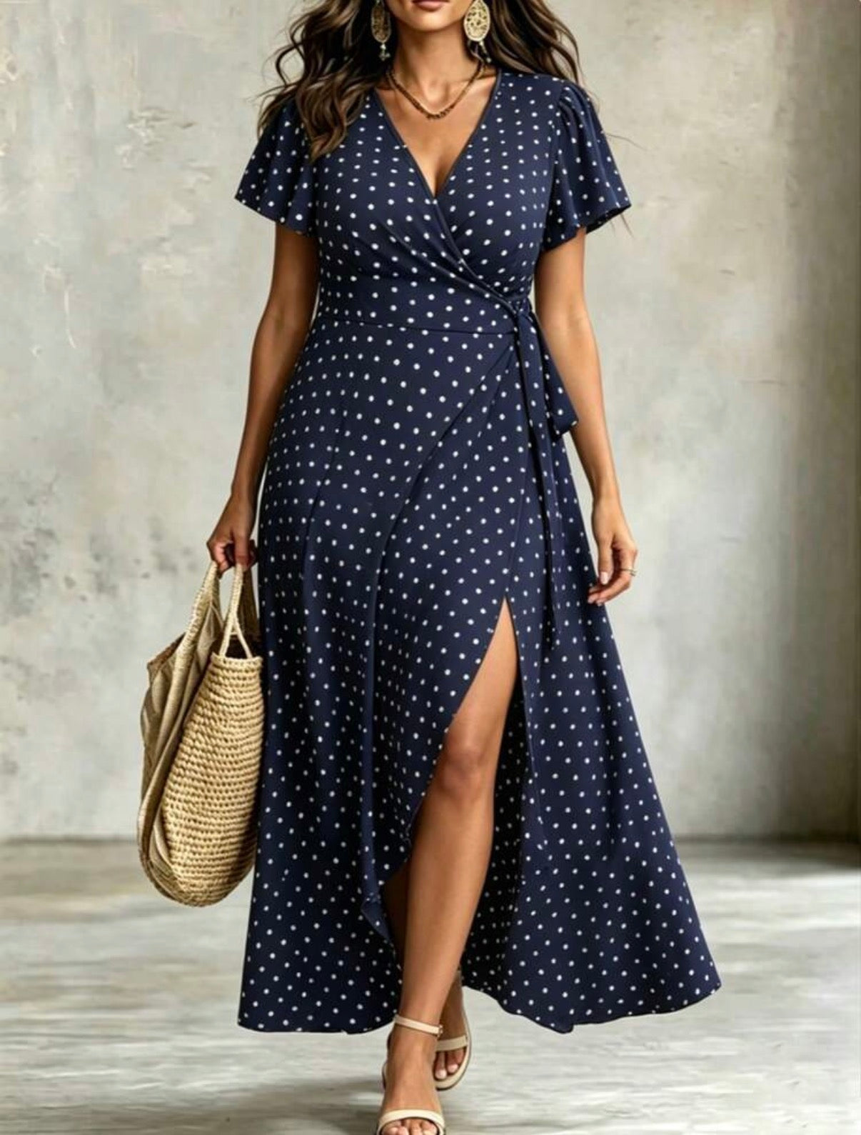 CURVE-Navy-Blue-Polka-Dot-Wrap-Dress-front