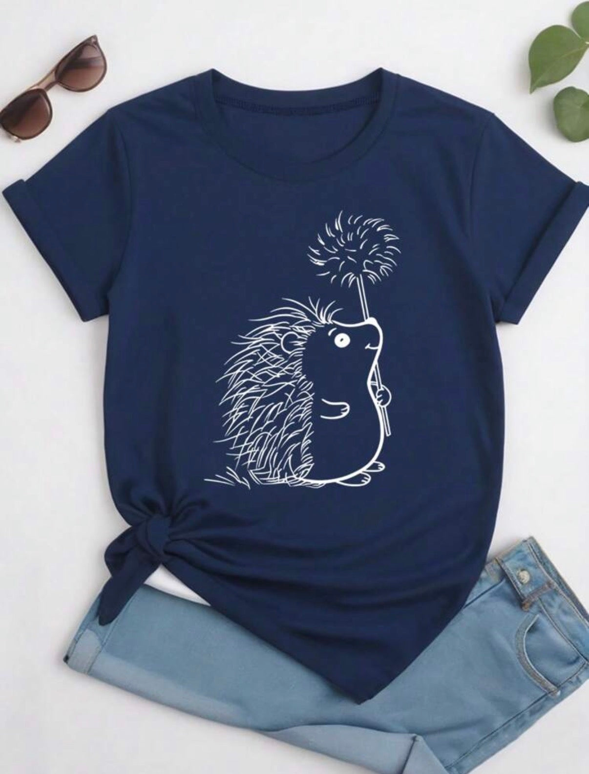CURVE-Navy-Blue-White-Dandelion-Hedgehog-Graphic-T-Shirt-front