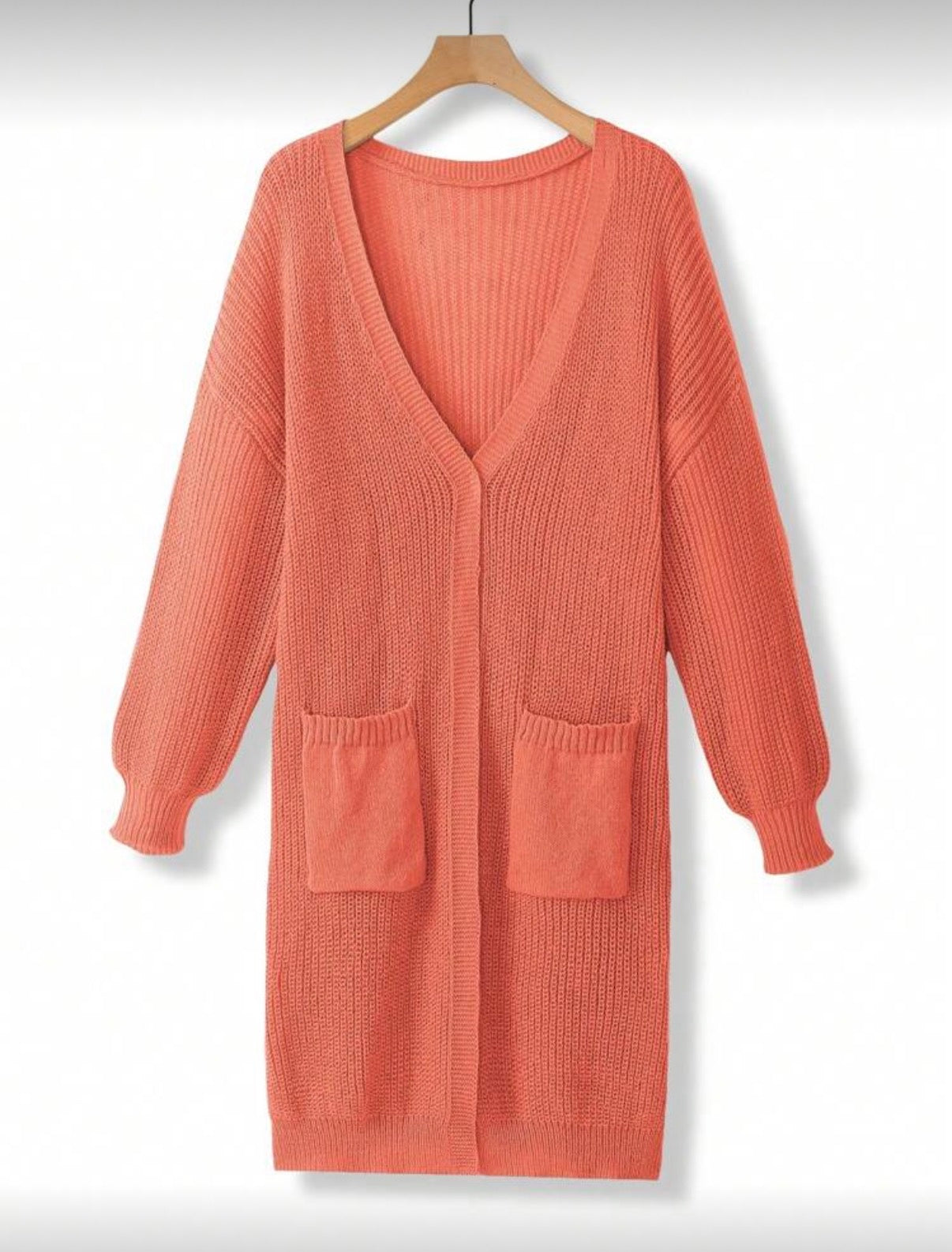 CURVE-Orange-Longer-length-Pocket-Cardigan-front-lifestyle