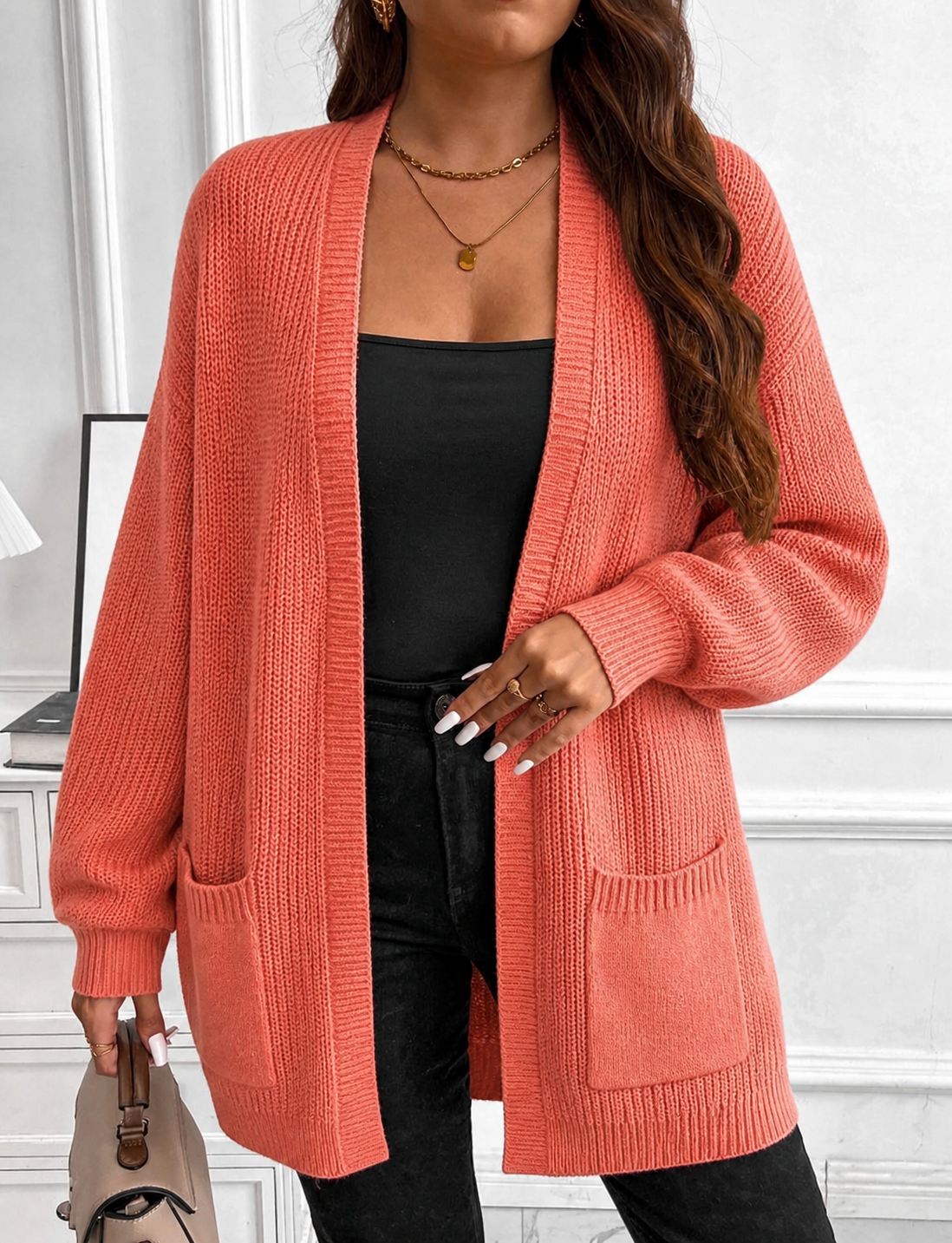 CURVE-Orange-Longer-length-Pocket-Cardigan-front