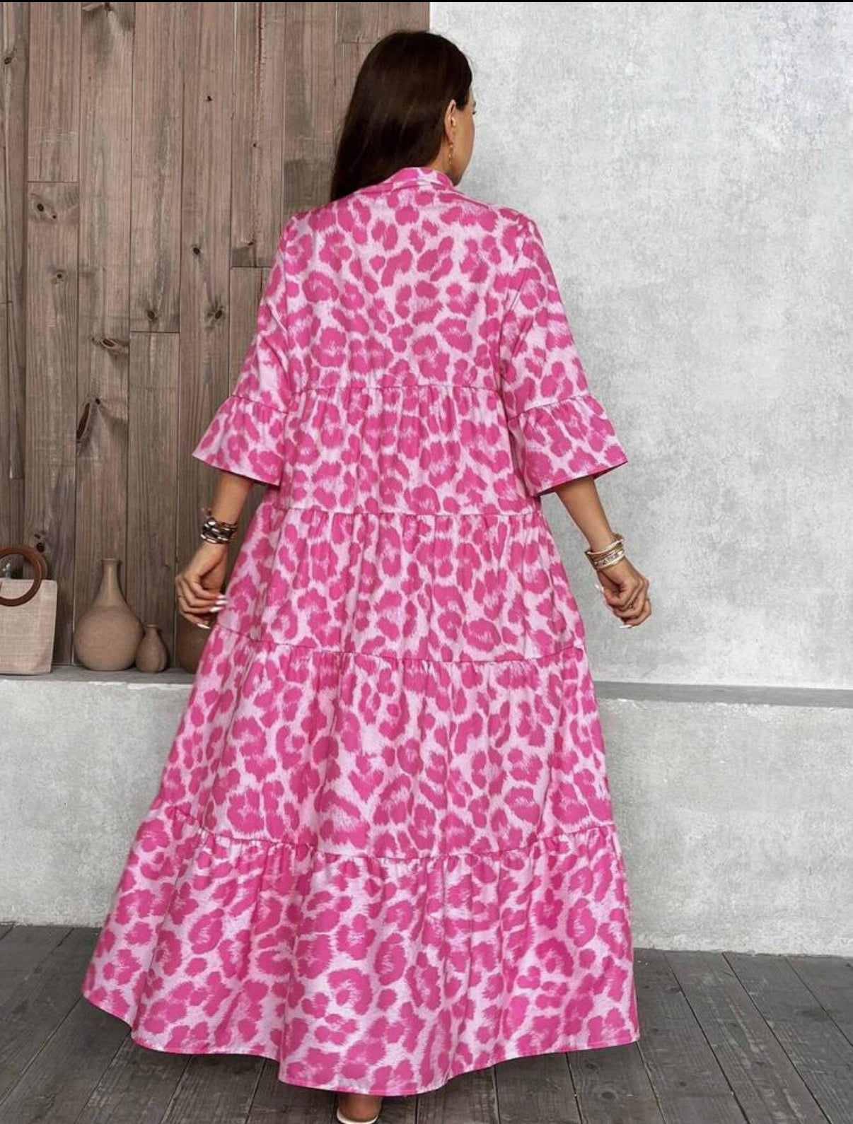 CURVE-Pink-Leopard-Trapeze-Mandarin-Collar-Maxi-Dress-back