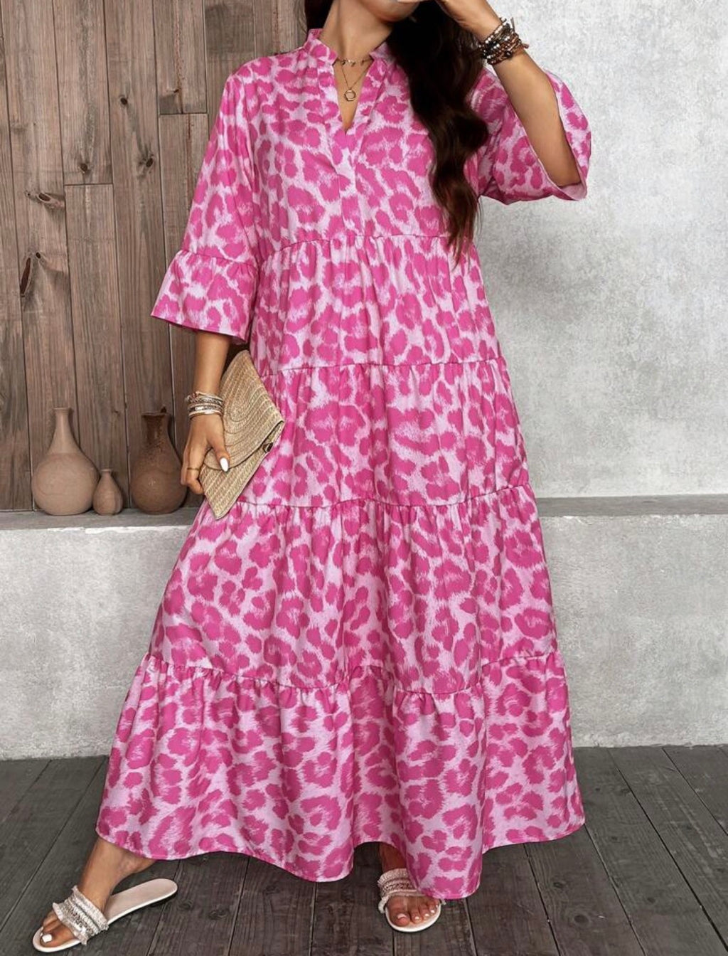 CURVE-Pink-Leopard-Trapeze-Mandarin-Collar-Maxi-Dress-front