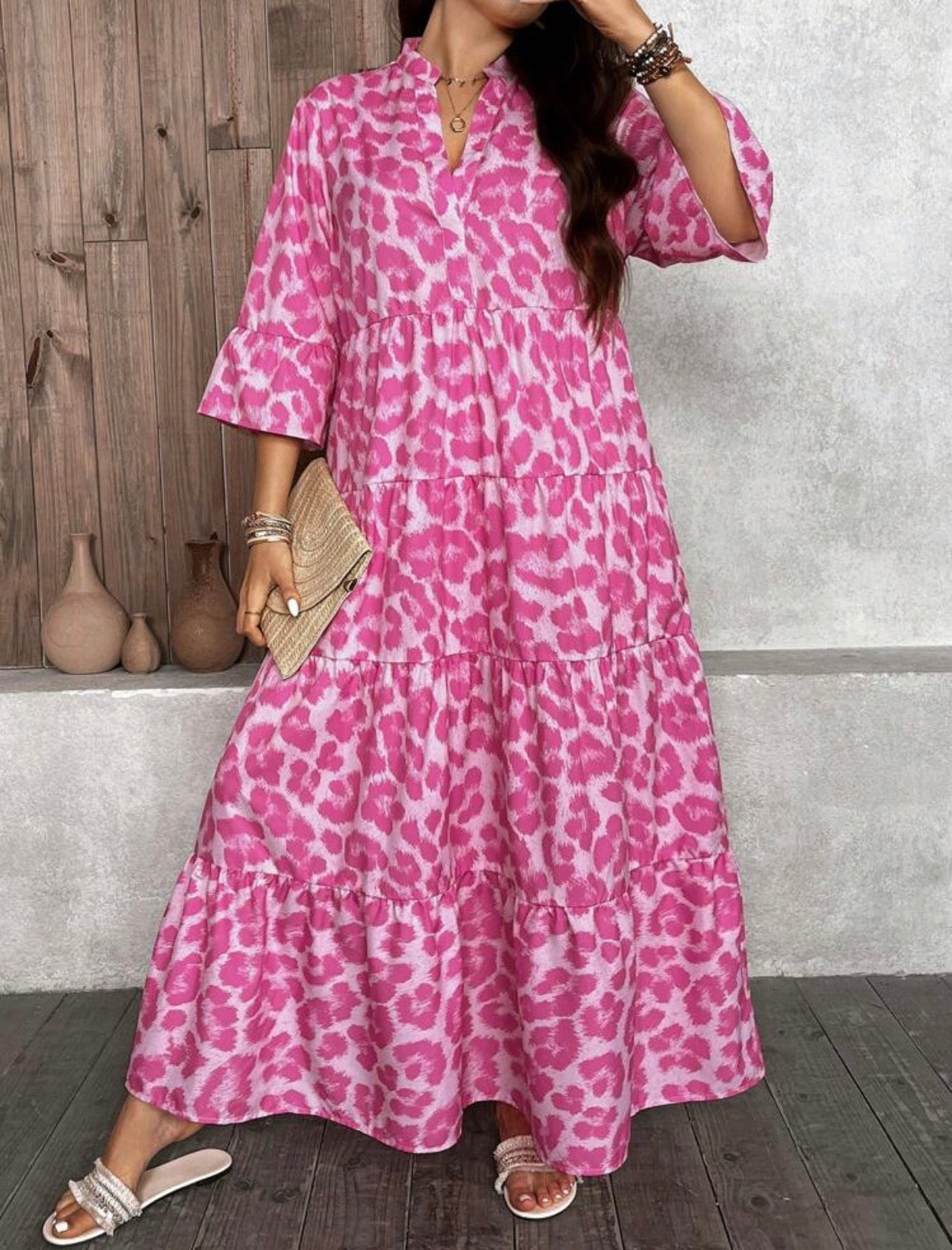 CURVE-Pink-Leopard-Trapeze-Mandarin-Collar-Maxi-Dress-front