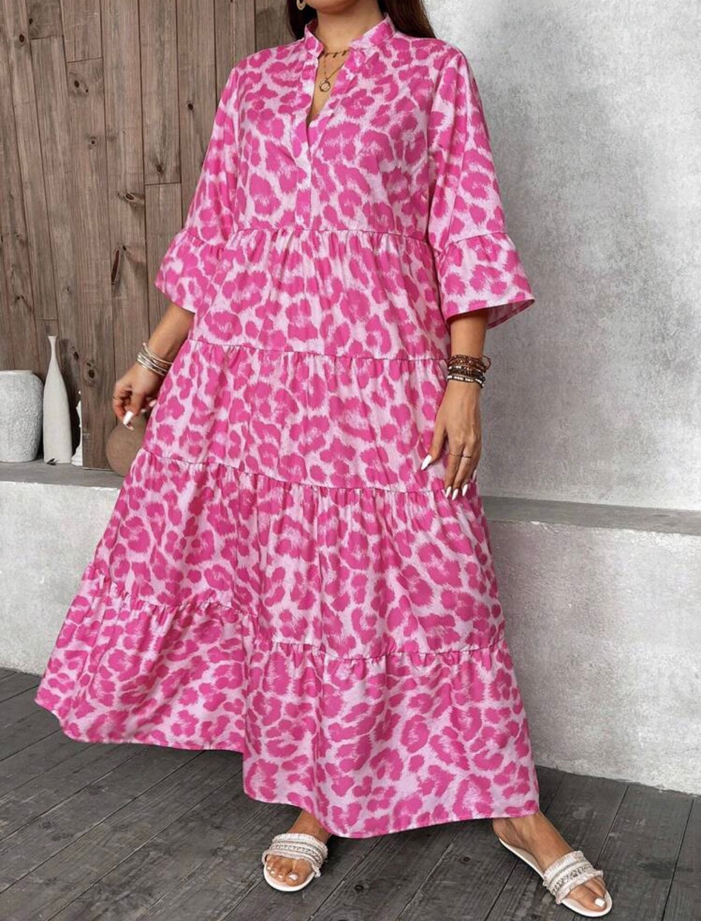 CURVE-Pink-Leopard-Trapeze-Mandarin-Collar-Maxi-Dress-side