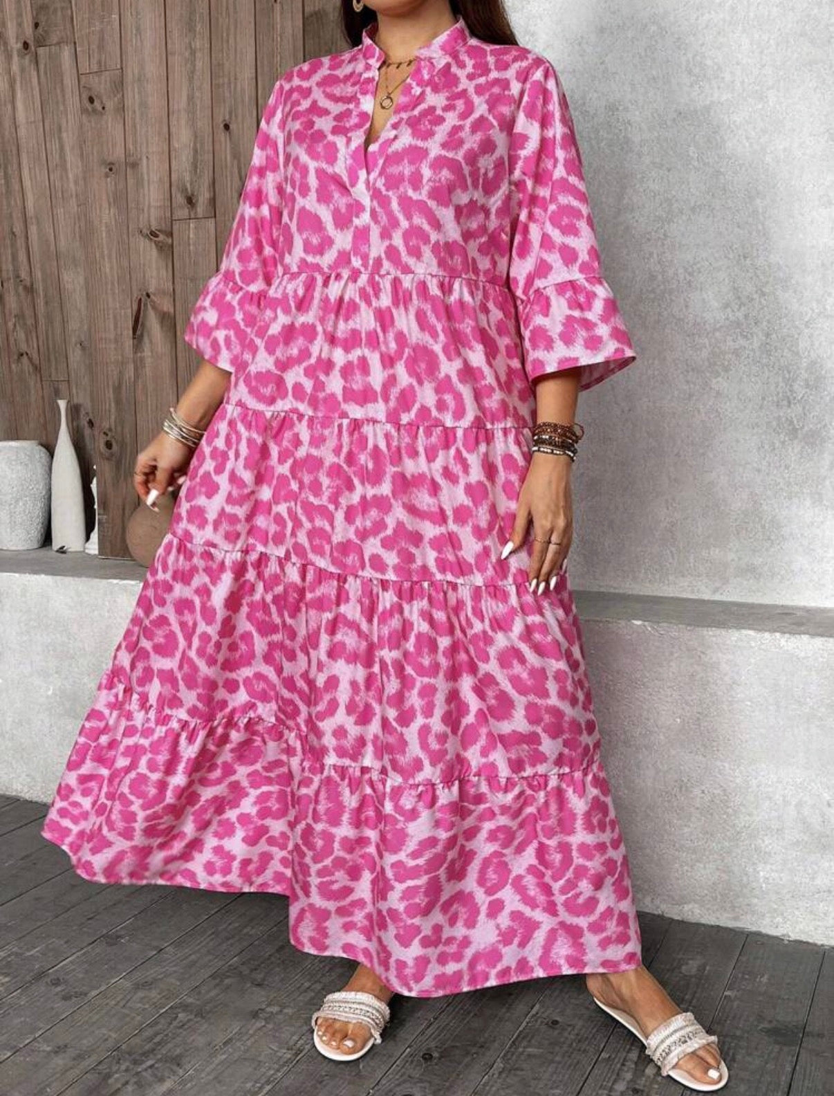 CURVE-Pink-Leopard-Trapeze-Mandarin-Collar-Maxi-Dress-side