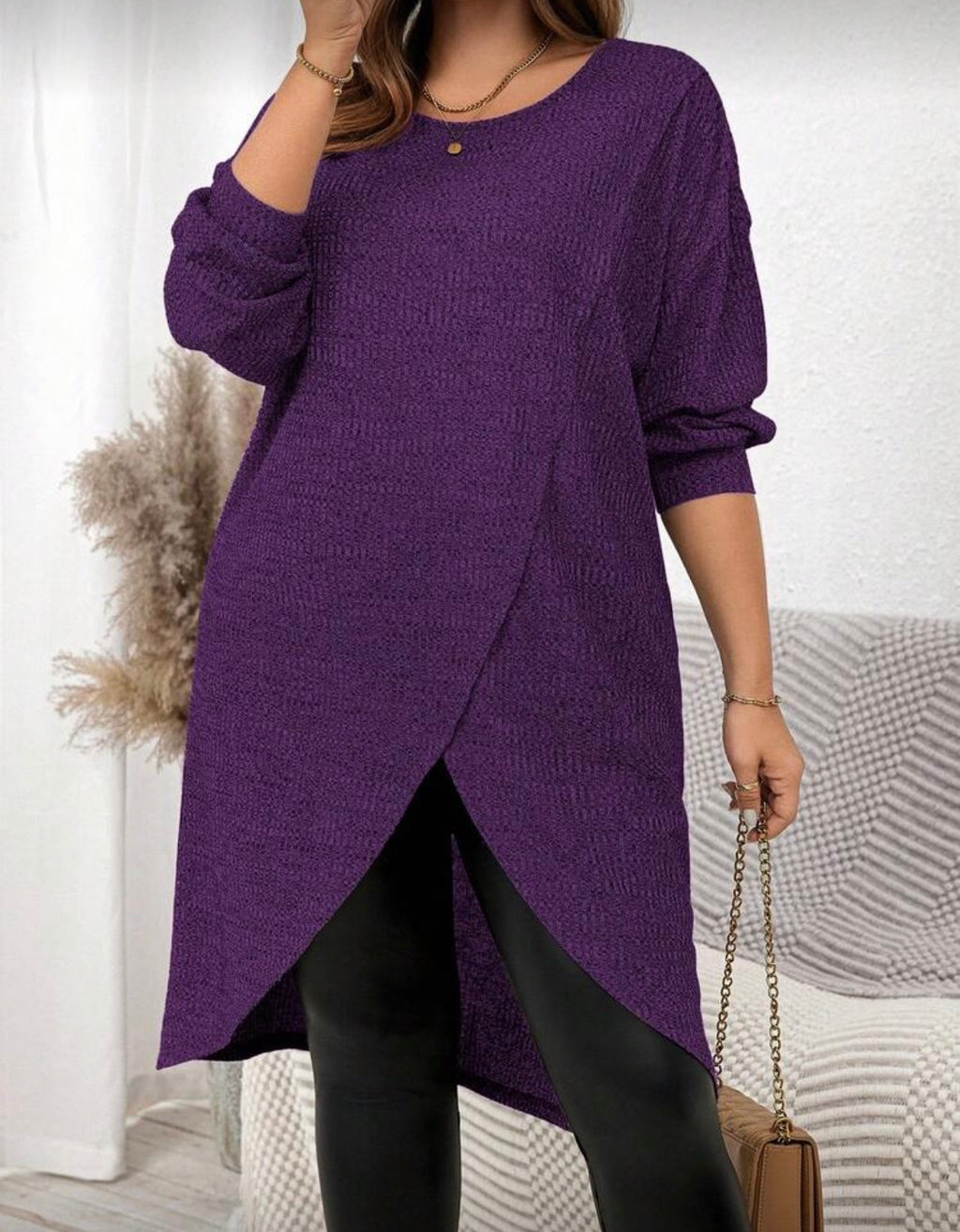 CURVE-Purple-Ribbed-Longer-length-Split-Hem-Tunic-Top-front