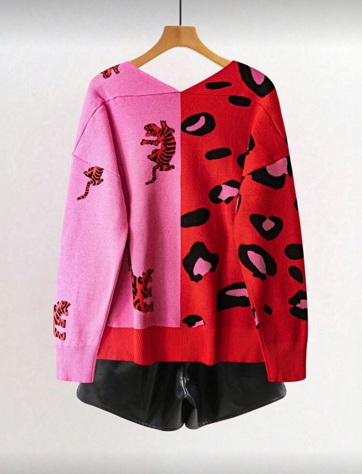 CURVE-Red-Pink-Leopard-Colour-Block-Knit-Cardigan-back