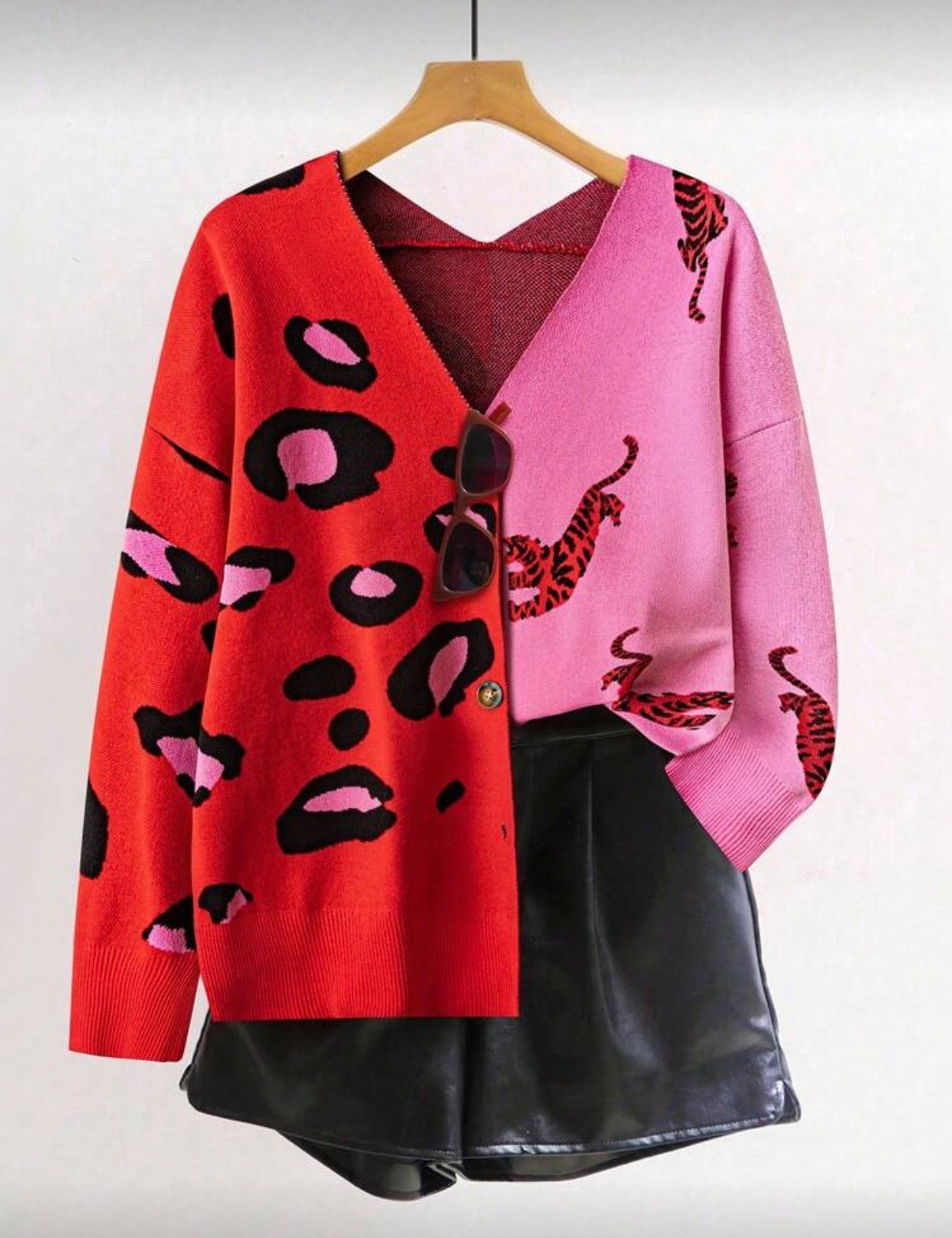 CURVE-Red-Pink-Leopard-Colour-Block-Knit-Cardigan-front-lifestyle