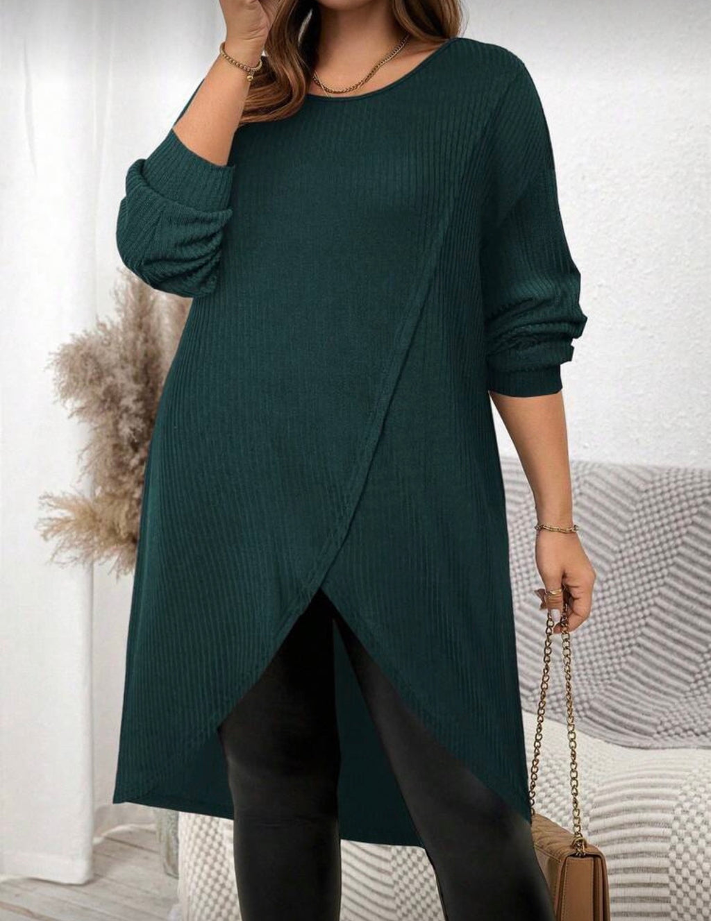 CURVE-Teal-Green-Ribbed-Longer-length-Split-Hem-Tunic-Top-front
