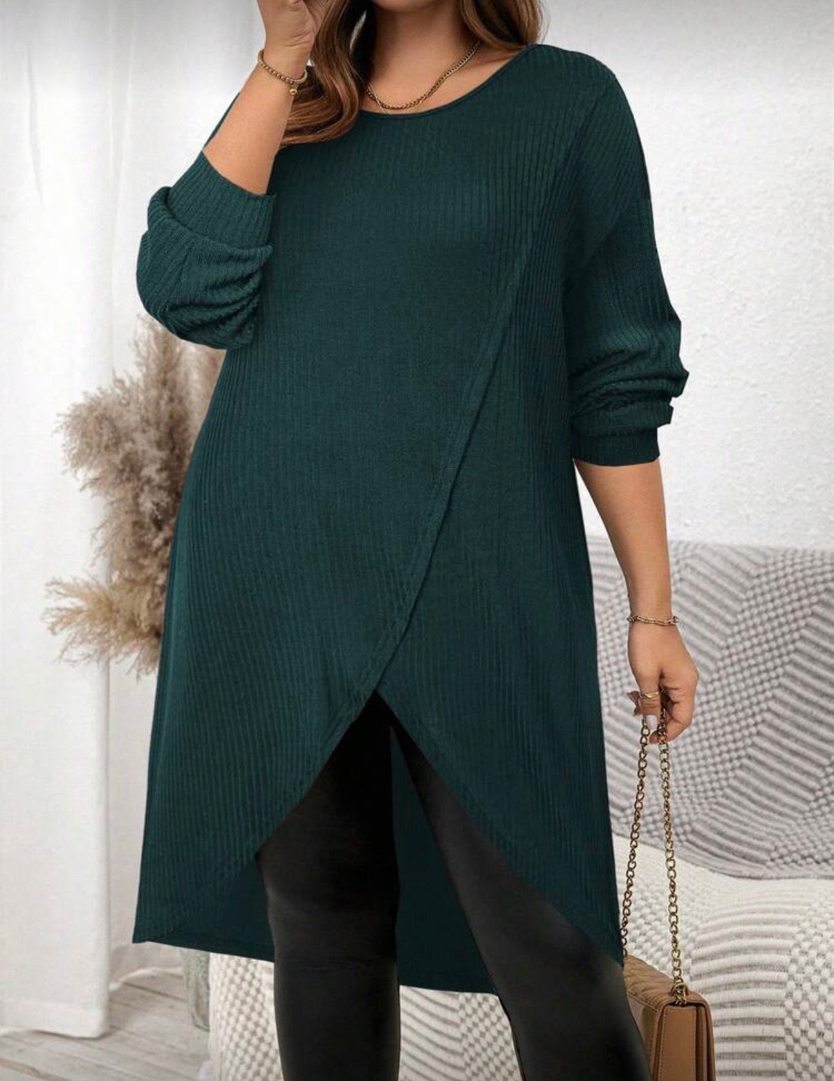 CURVE-Teal-Green-Ribbed-Longer-length-Split-Hem-Tunic-Top-front