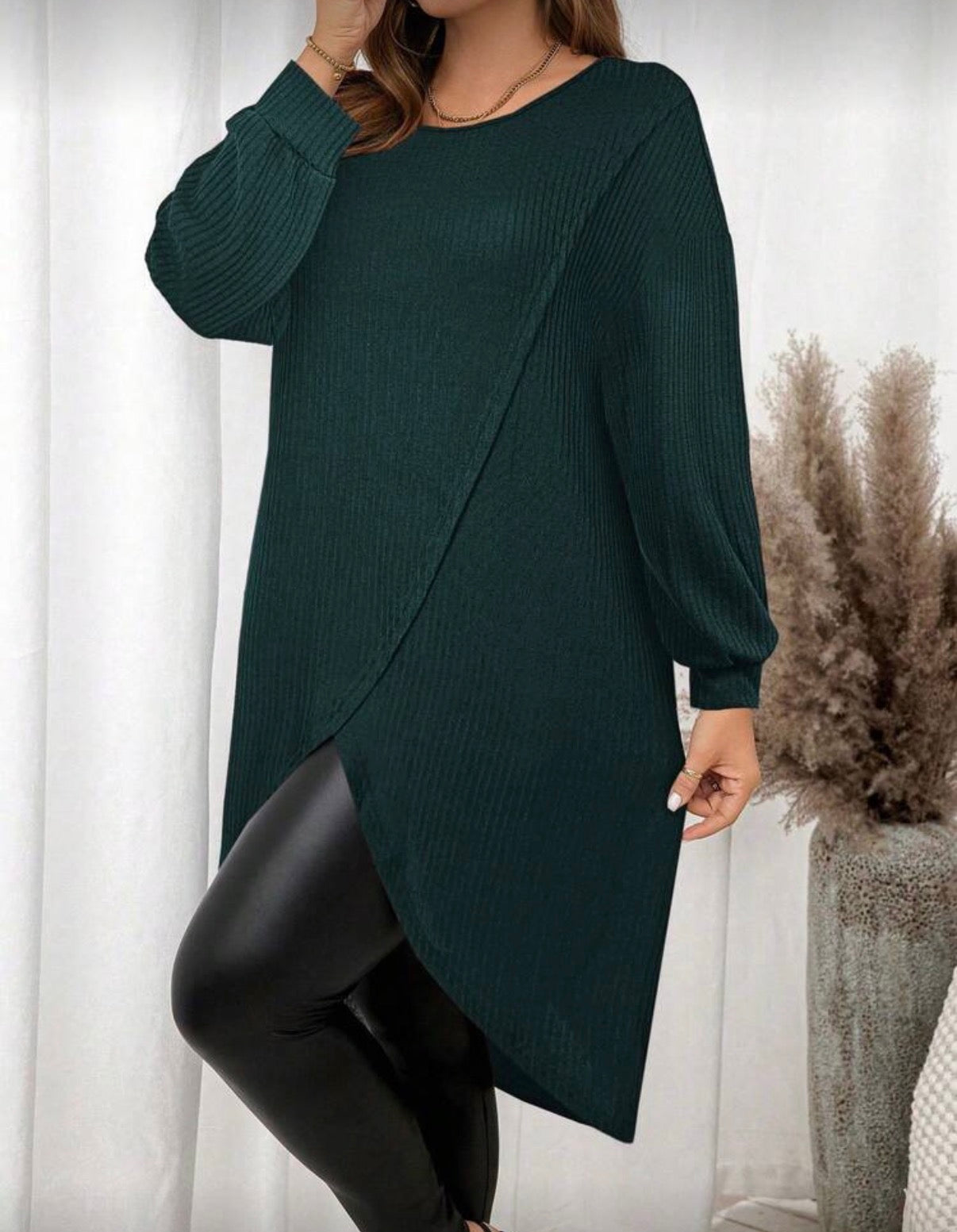 CURVE-Teal-Green-Ribbed-Longer-length-Split-Hem-Tunic-Top-side