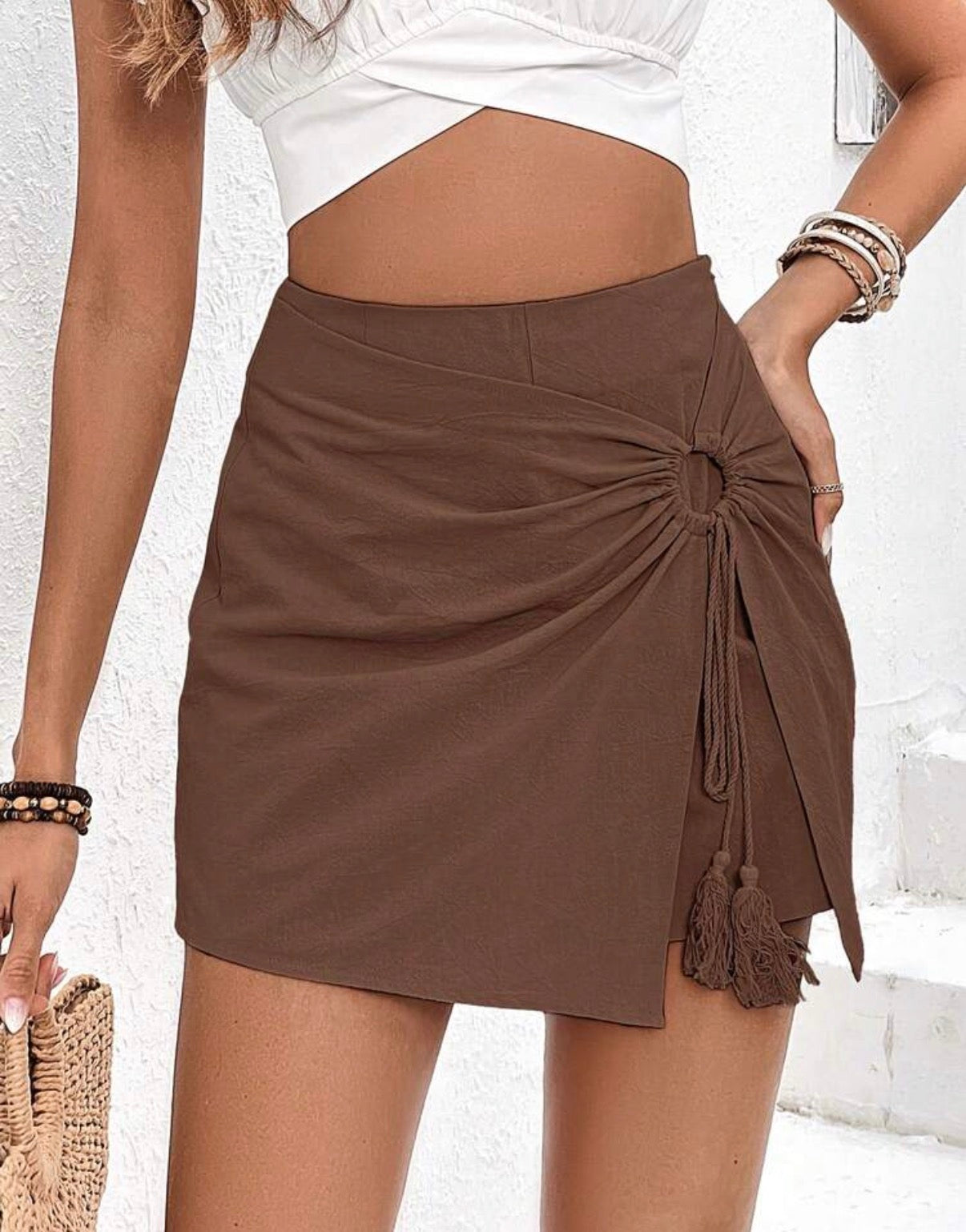 Chocolate-Brown-Cotton-Ring-Detail-Wrap-Skort-front-lifestyle