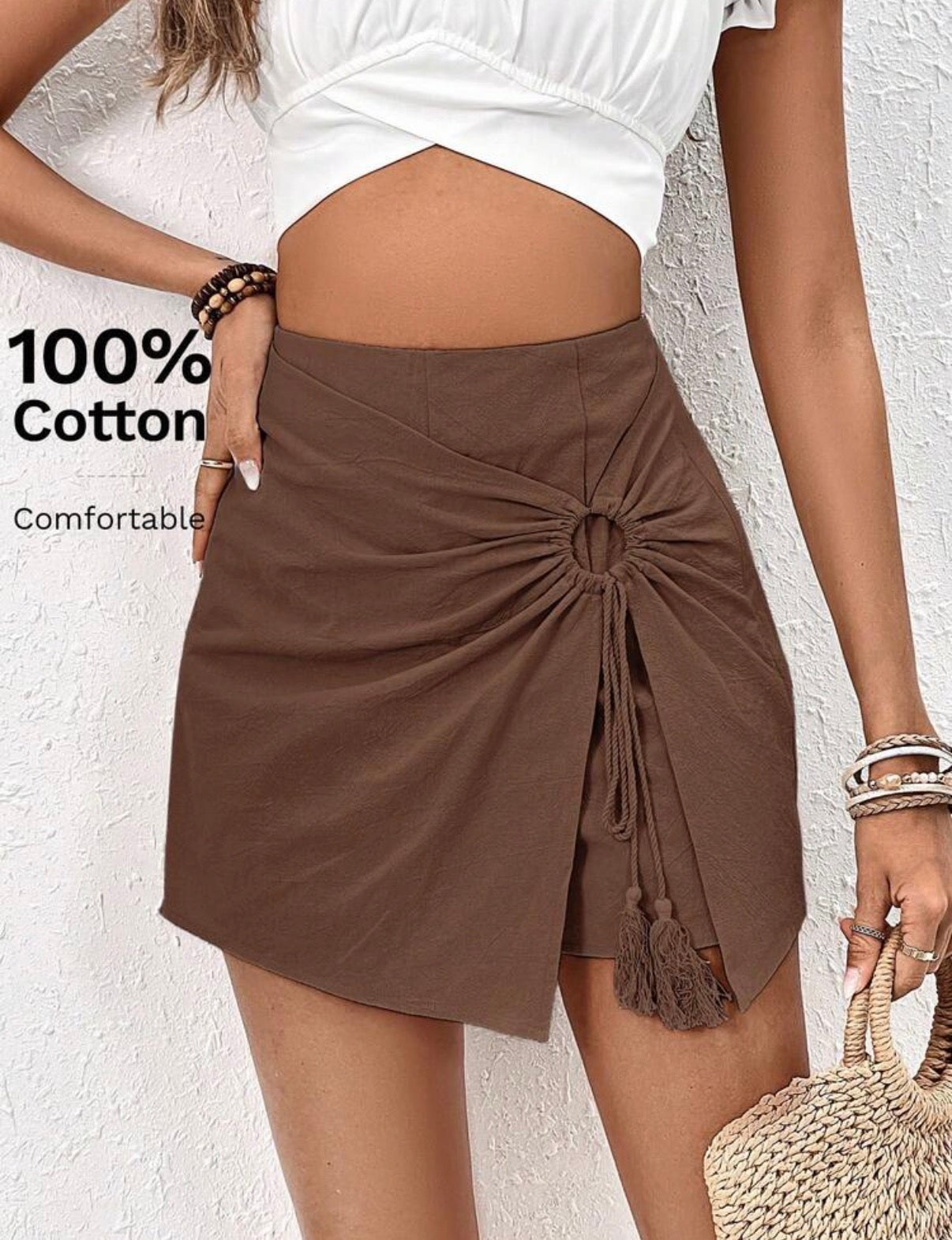 Chocolate-Brown-Cotton-Ring-Detail-Wrap-Skort-front