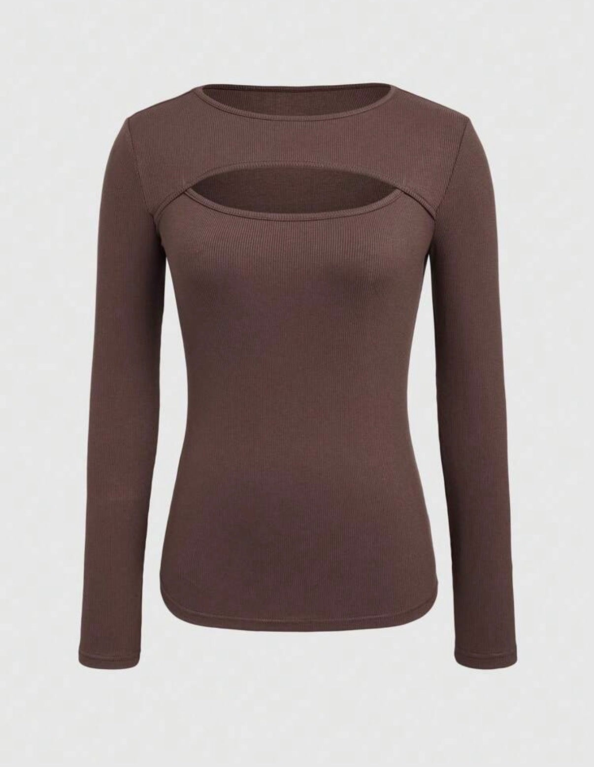 Chocolate-Brown-Cut-Out-Ribbed-Long-Sleeve-Top-front-lifestyle