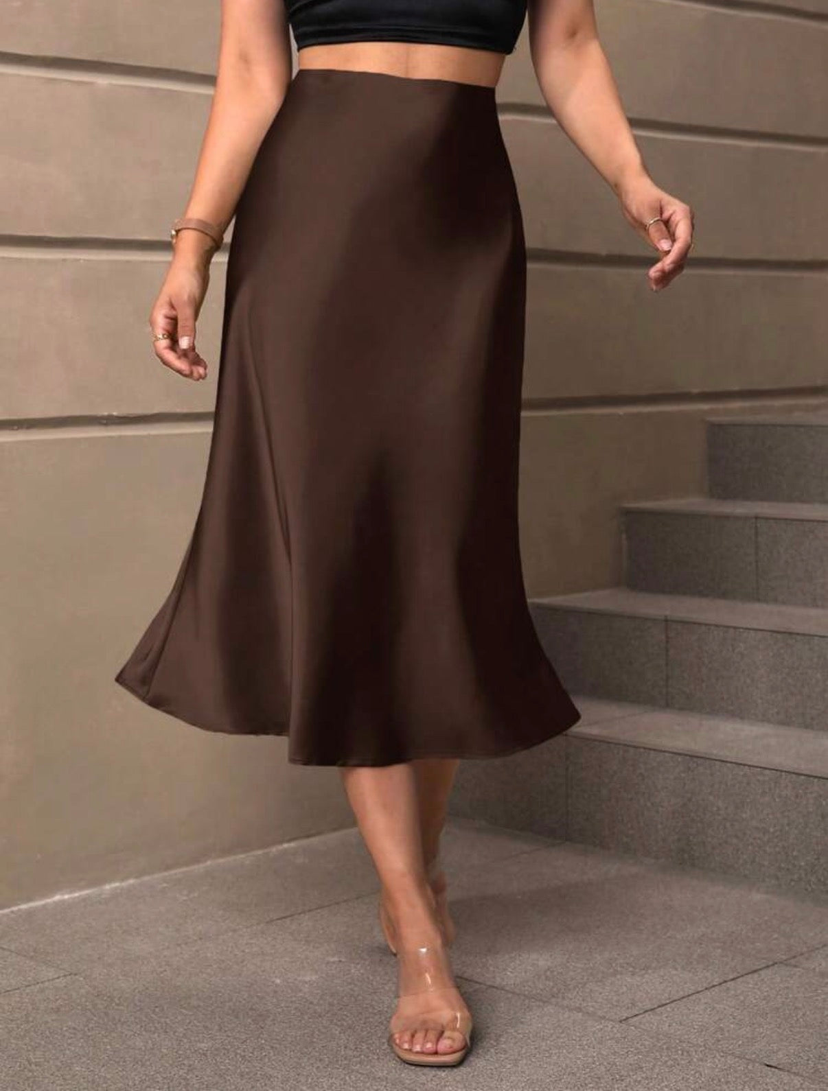 Chocolate-Brown-Satin-Midi-Skirt-front