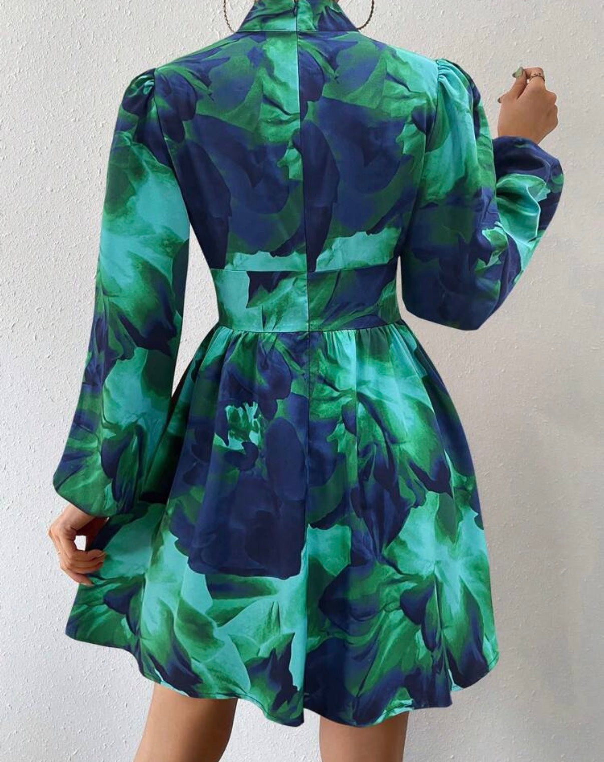 Cobalt-Blue-Emerald-Green-Coocktail-Bloom-High-Neck-Collar-Mini-Dress-back