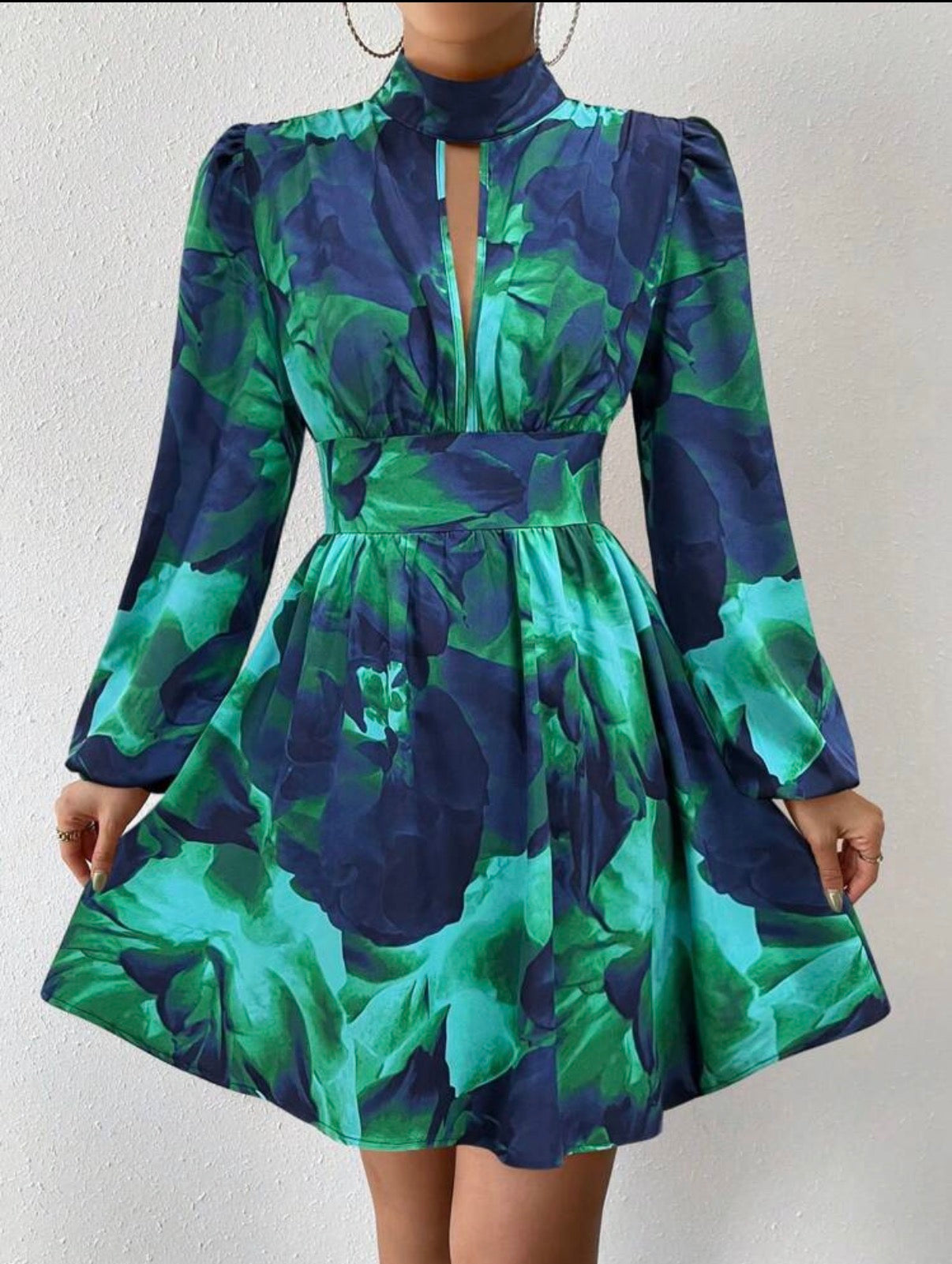 Cobalt-Blue-Emerald-Green-Coocktail-Bloom-High-Neck-Collar-Mini-Dress-front