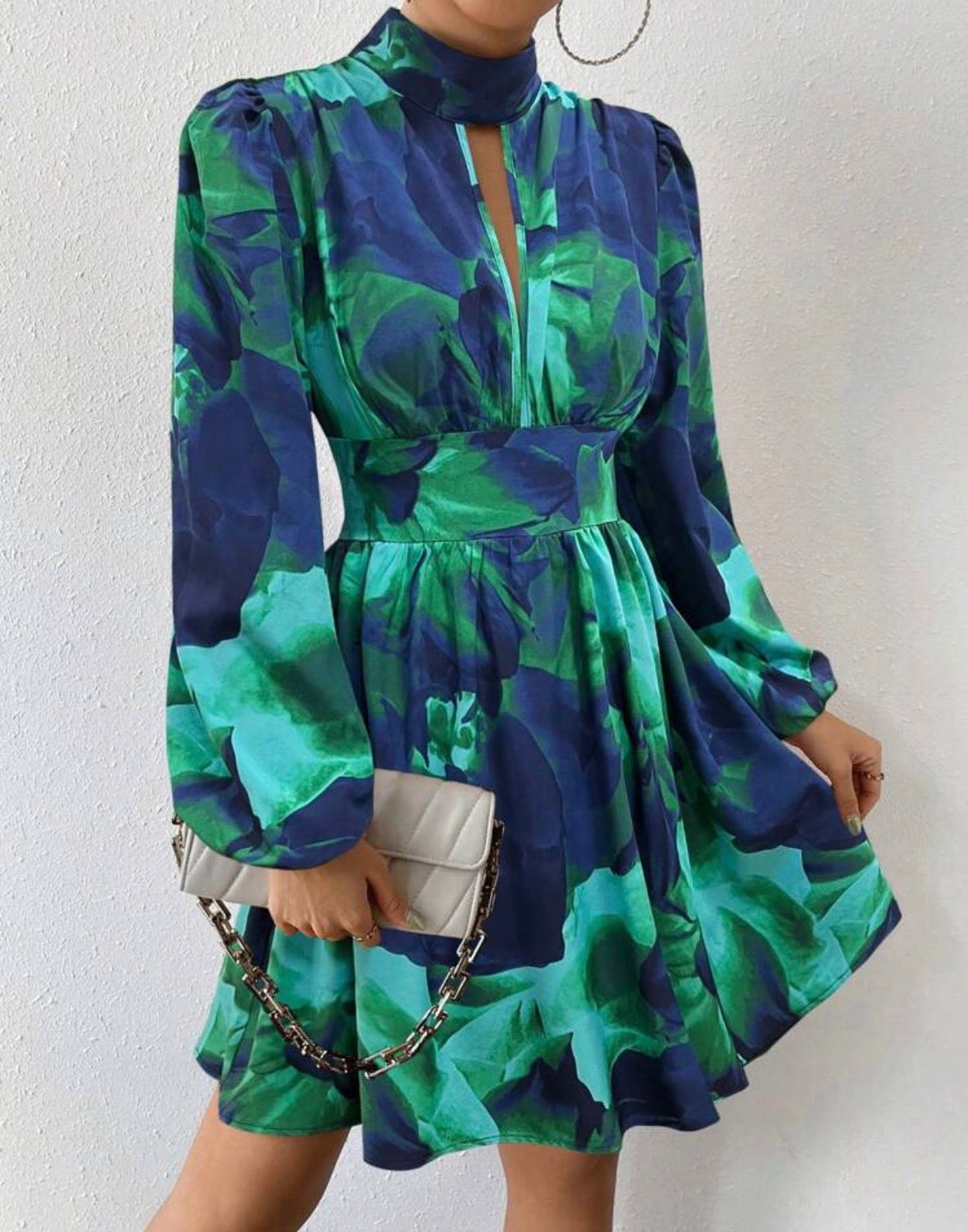 Cobalt-Blue-Emerald-Green-Coocktail-Bloom-High-Neck-Collar-Mini-Dress-side