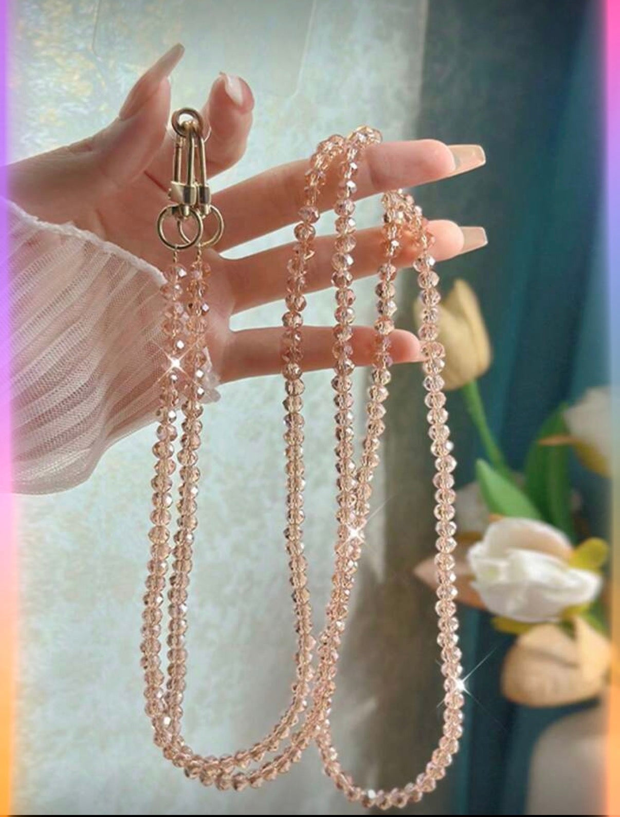 Coral-Pink-Handmade-Shiny-Glass-Bead-Chain-Phone-Straps-front