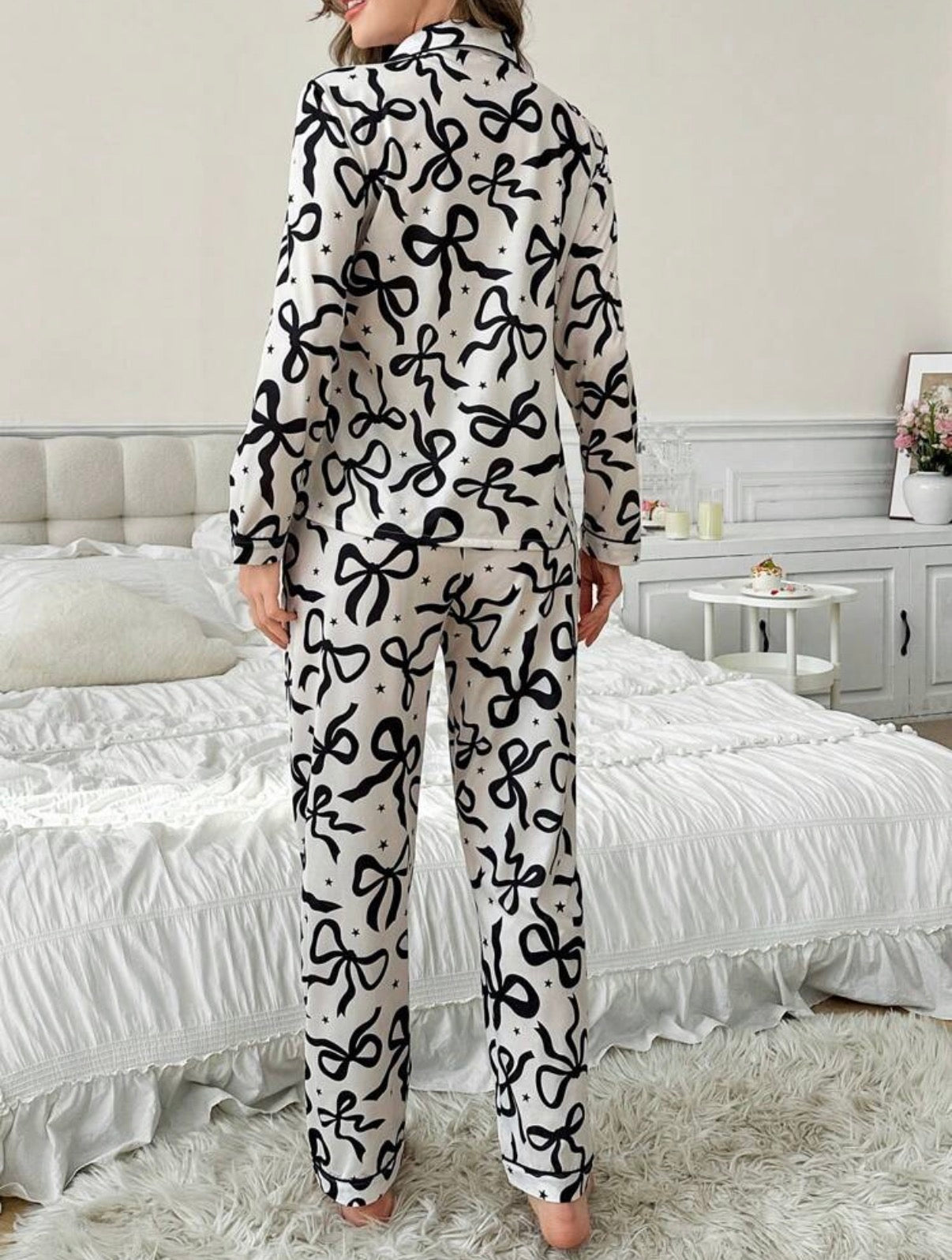 Cream-Black-Bow-Piped-Pajamas-Set-back
