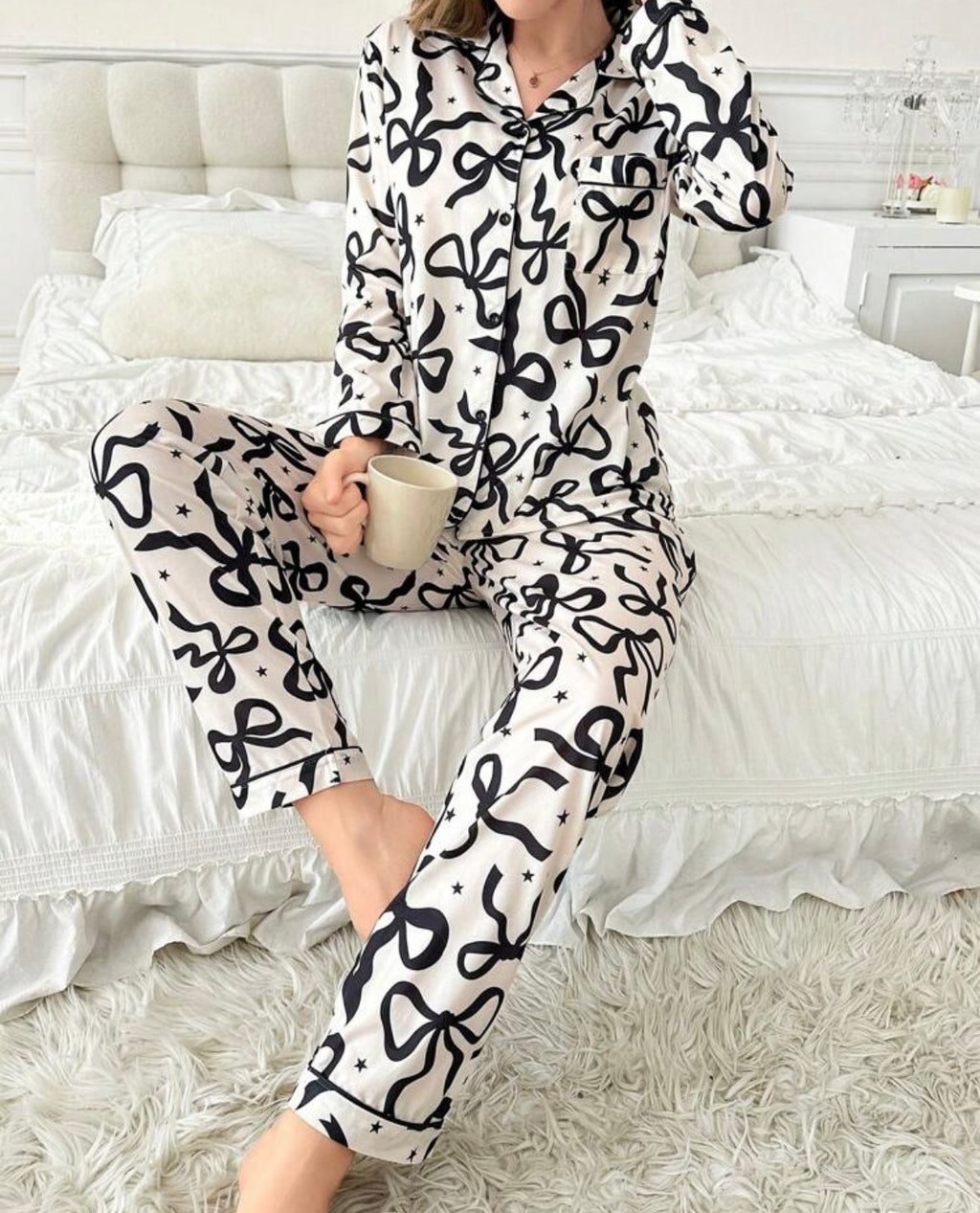 Cream-Black-Bow-Piped-Pajamas-Set-front