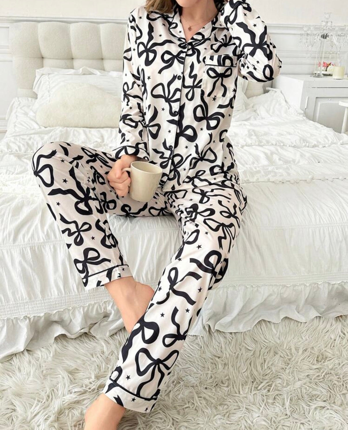 Cream-Black-Bow-Piped-Pajamas-Set-front