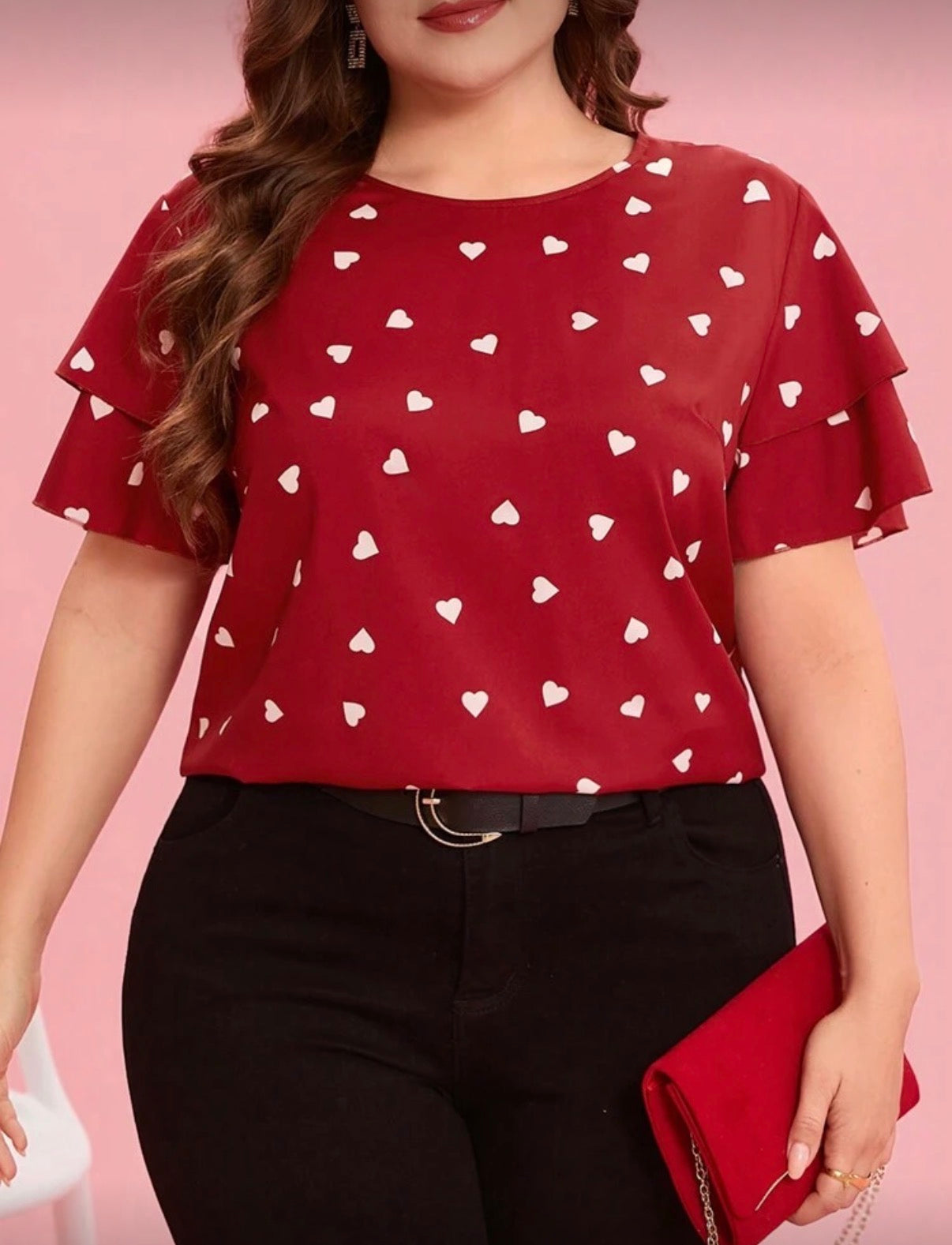 Curve-Butterfly-Sleeve-Heart-Print-Blouse-front