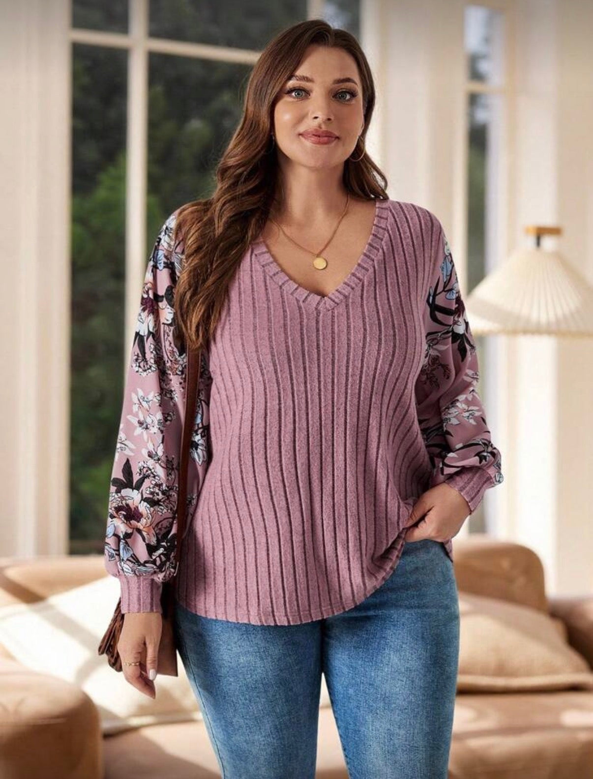 Curve-Coral-Pink-Rib-Knit-V-Neck-Top-front-lifestyle