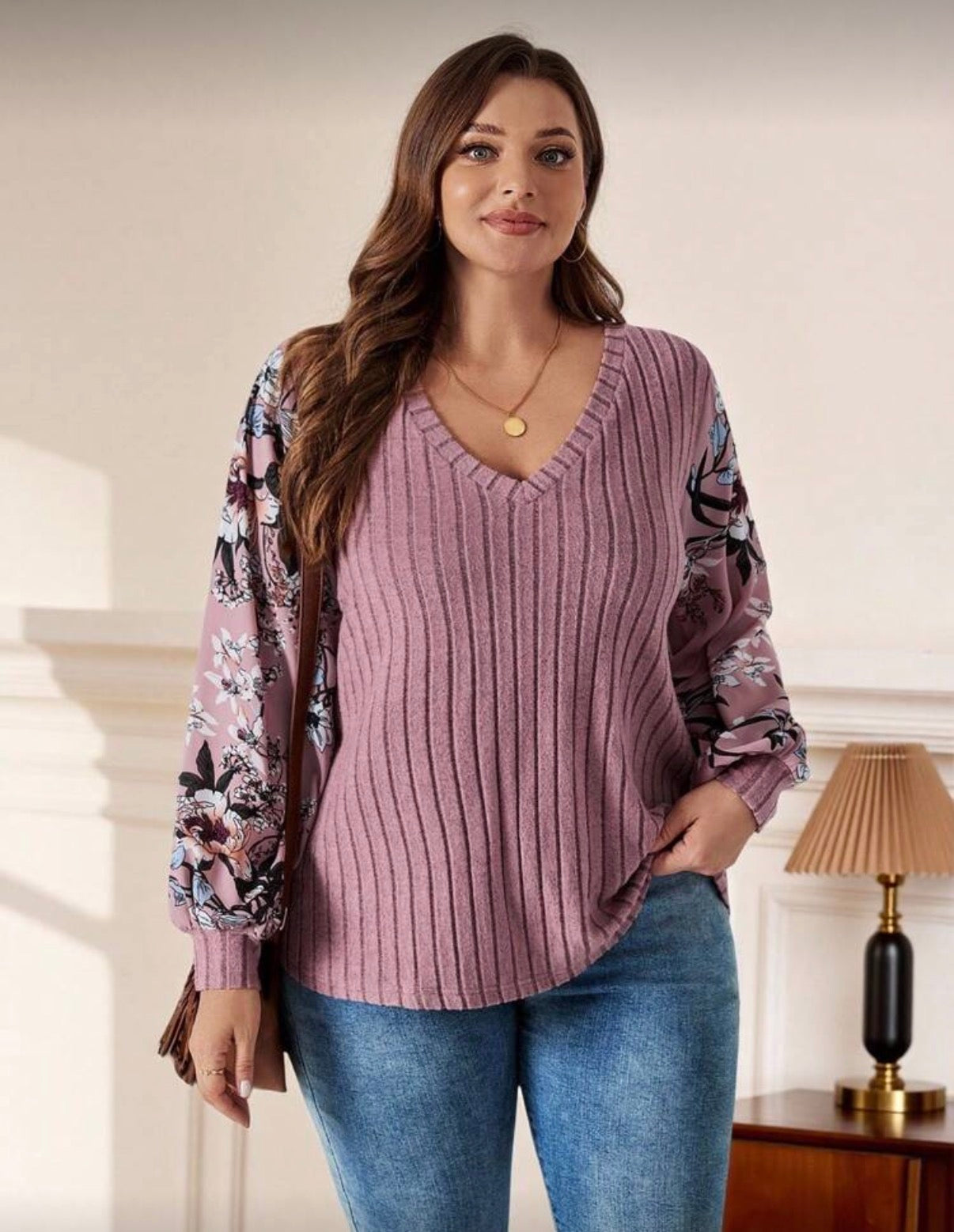Curve-Coral-Pink-Rib-Knit-V-Neck-Top-front